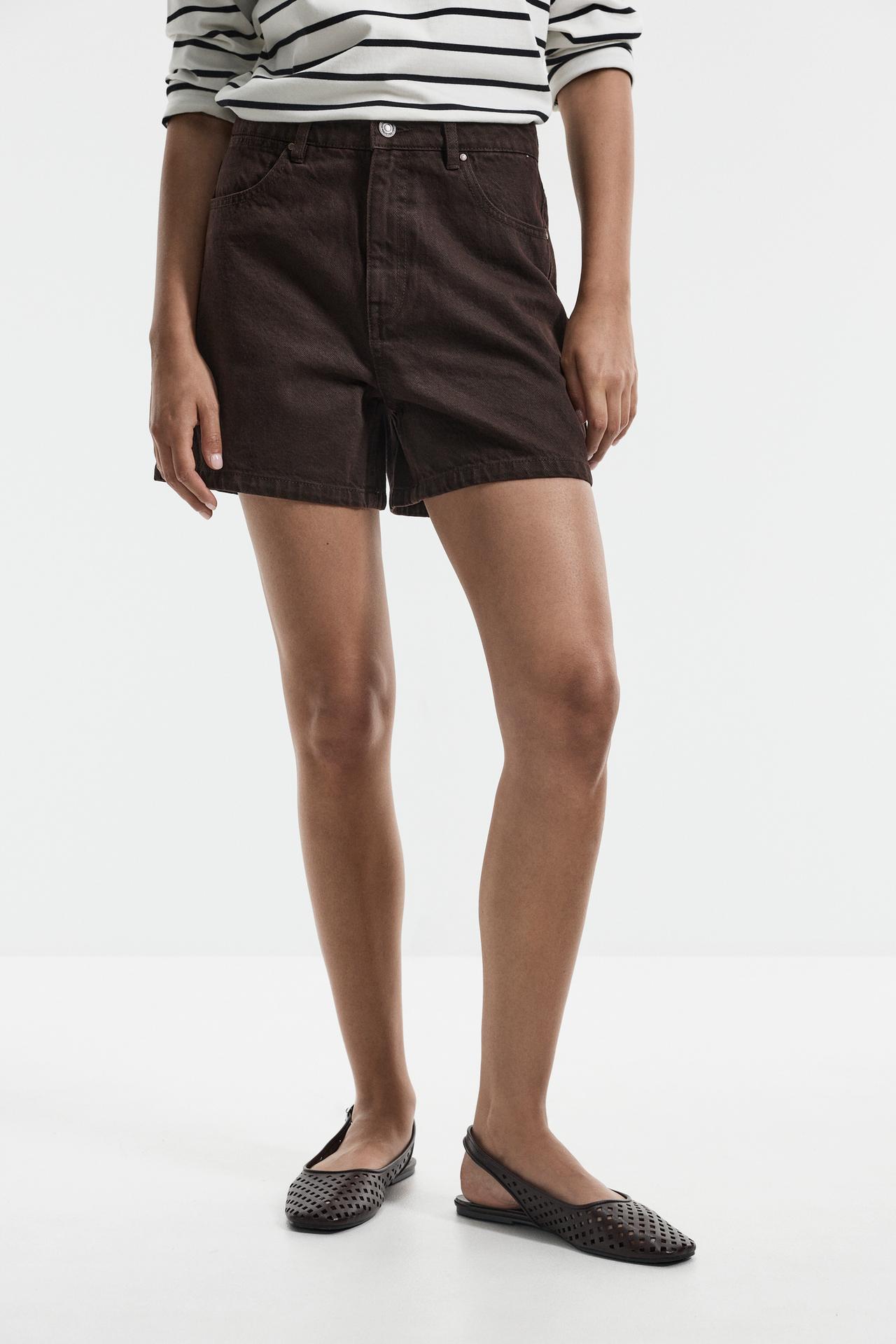 Basic mom fit denim shorts — BROWN