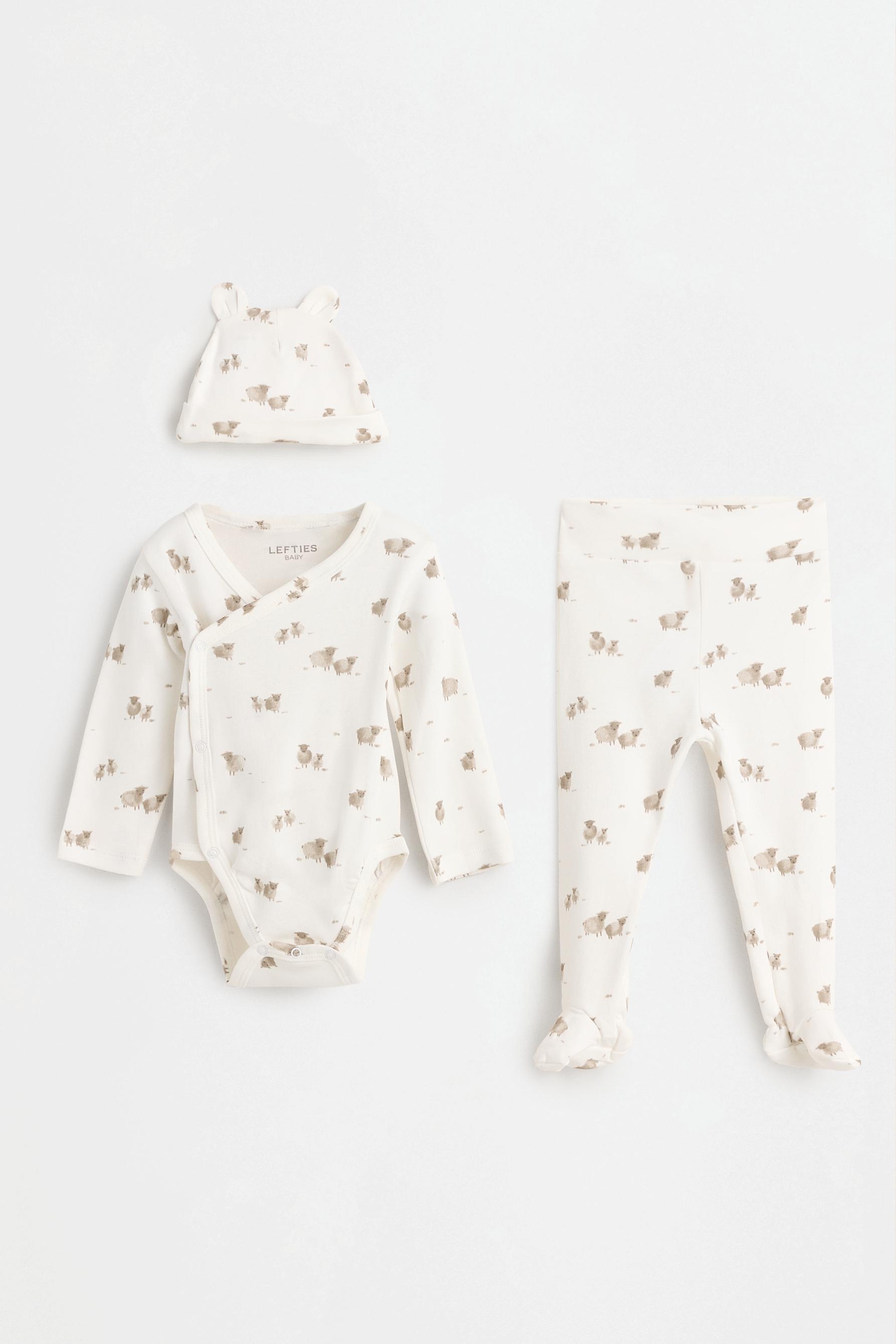 Printed bodysuit, footed leggings and hat set — TAUPE BROWN