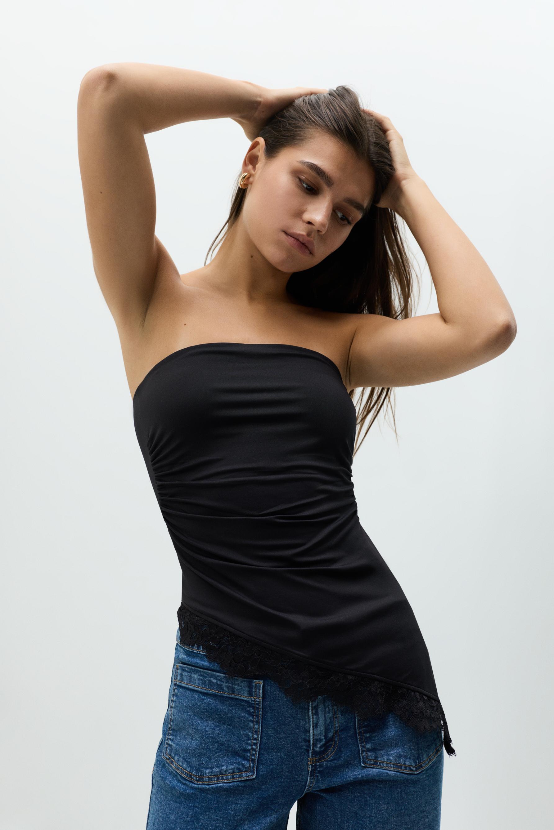 Asymmetric lace top — BLACK