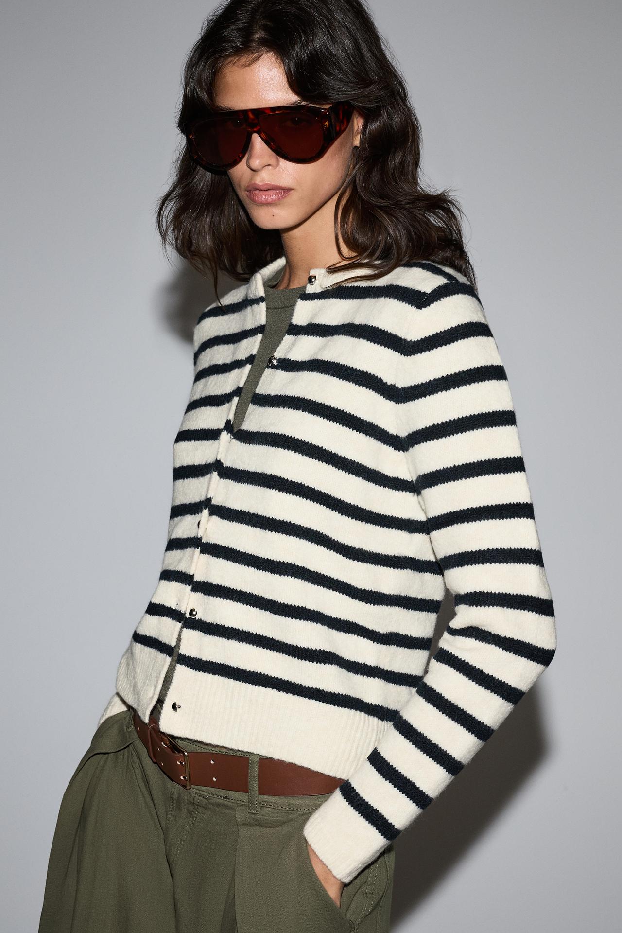 Round neck knit jacket — ECRU/NAVY