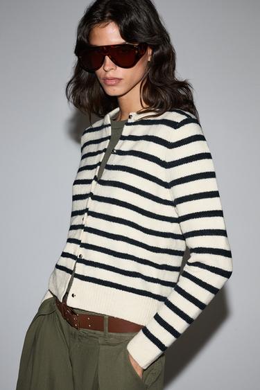 Round neck knit jacket — ECRU/NAVY 5