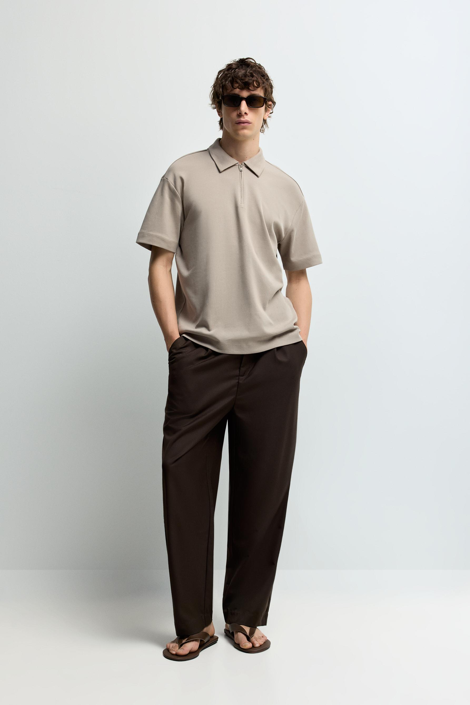 Interlock zip-up polo shirt — CAMEL