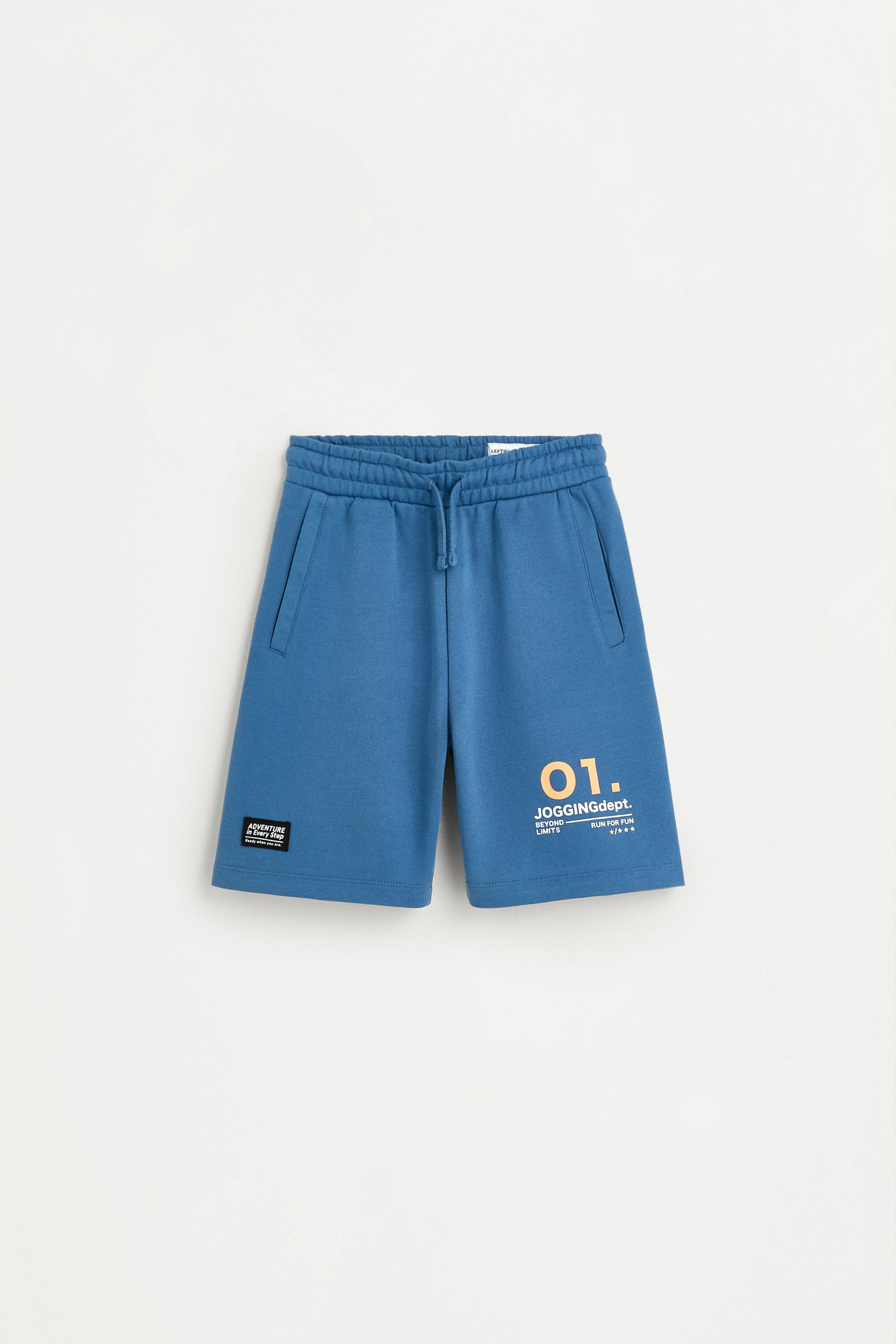 Text print plush Bermuda shorts — FADED BLUE (alternate view)