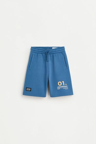 Text print plush Bermuda shorts — FADED BLUE 1