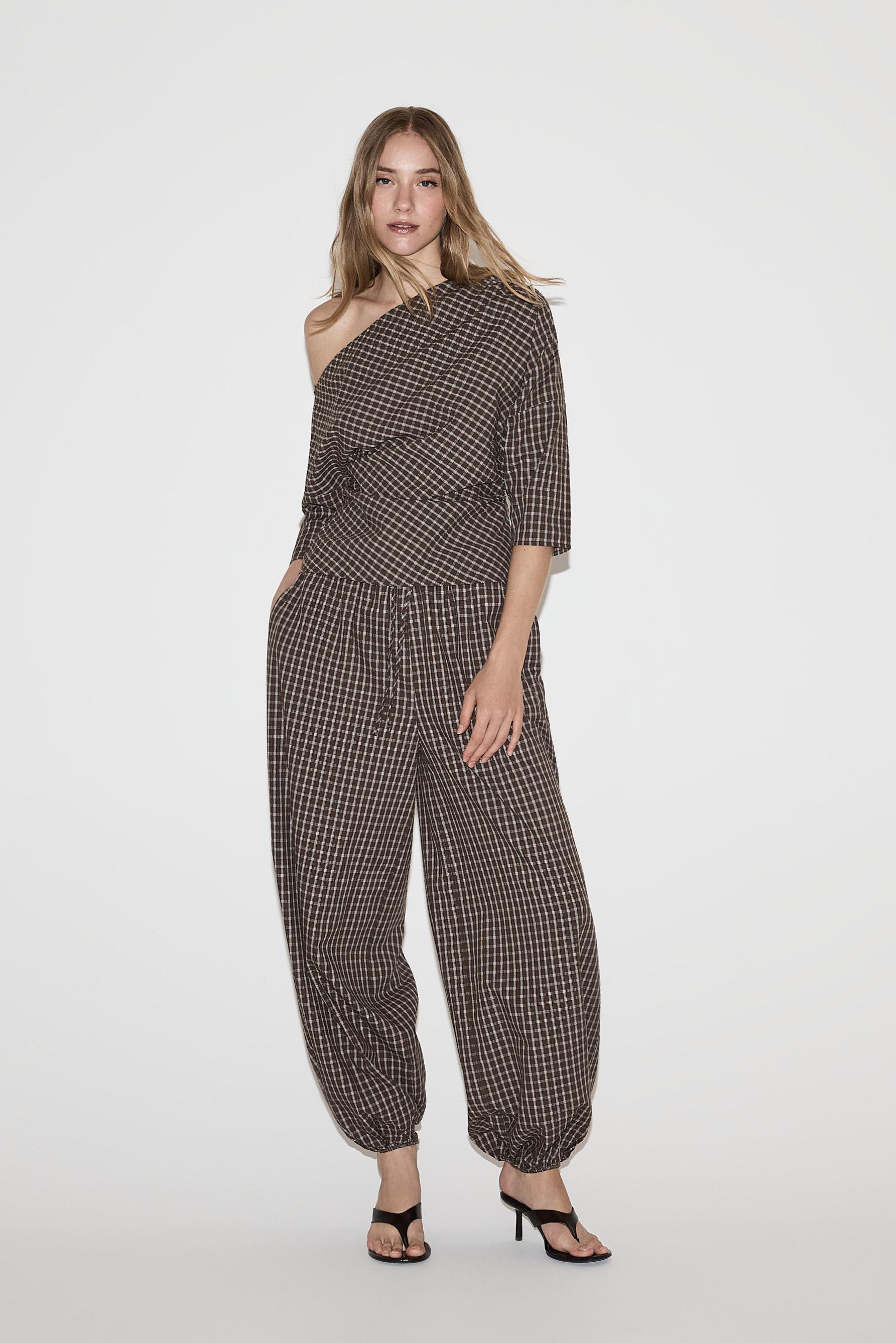 Asymmetric plaid top — BROWN