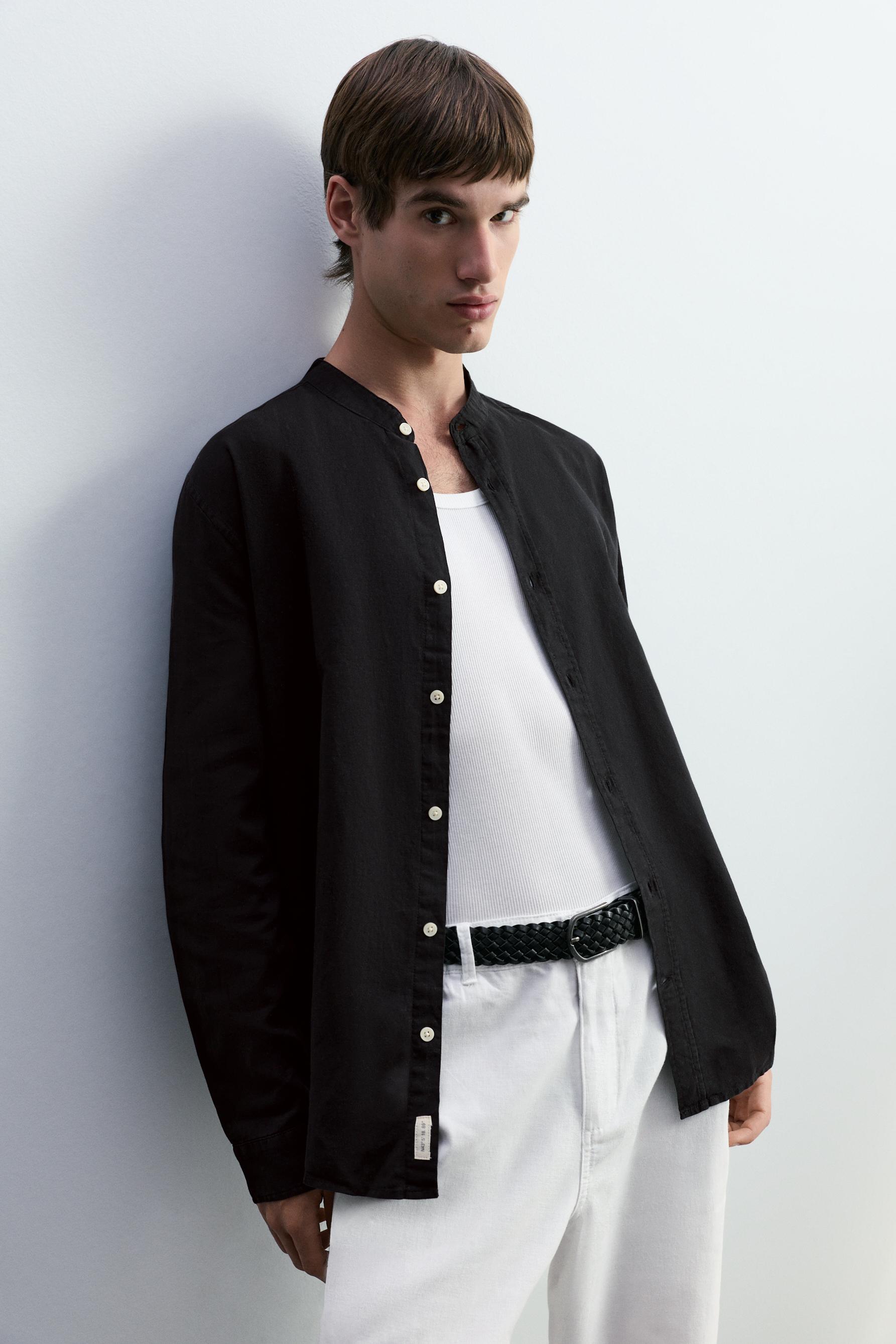 Linen and cotton stand collar shirt — BLACK
