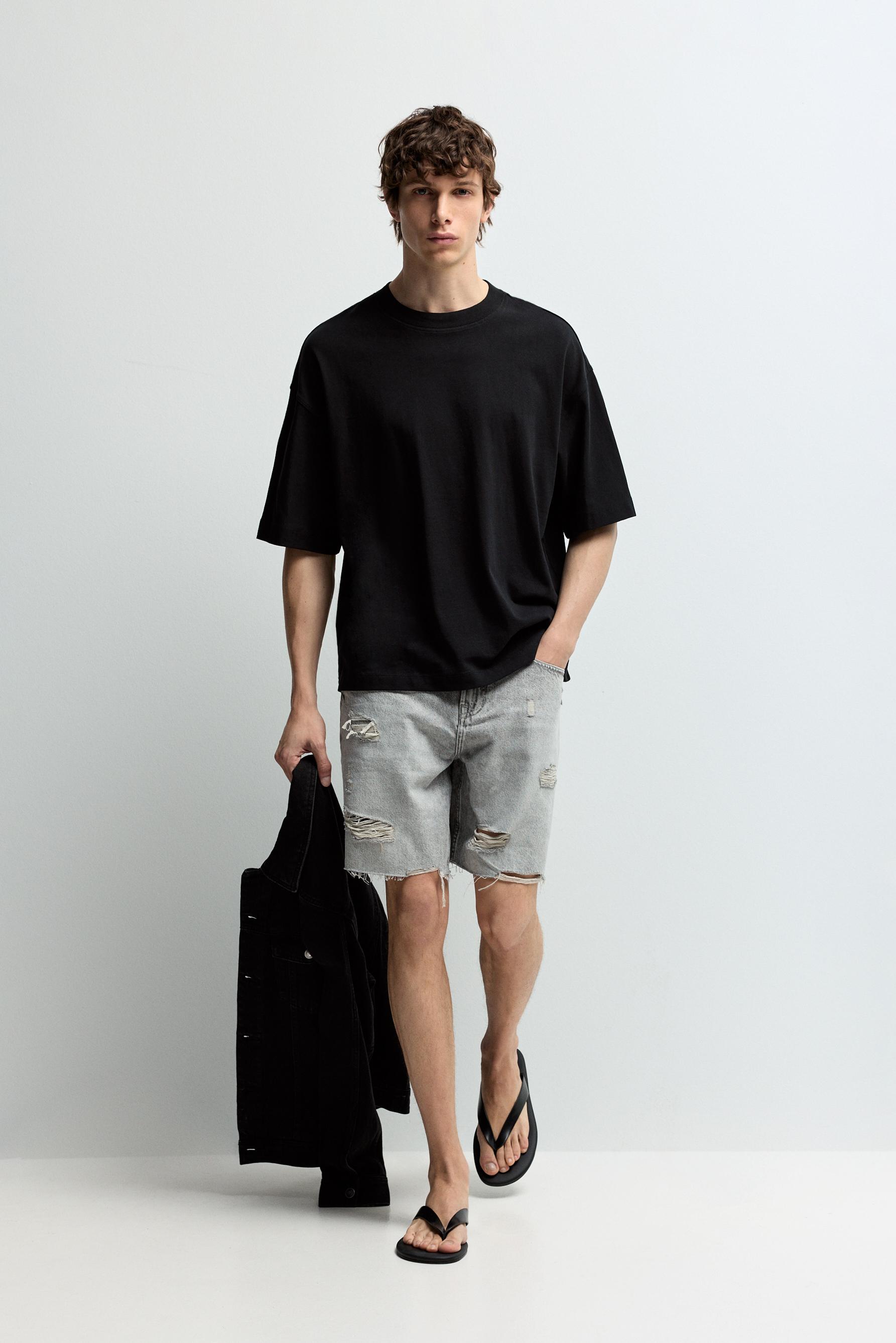 Ripped denim Bermuda shorts — PALE GREY