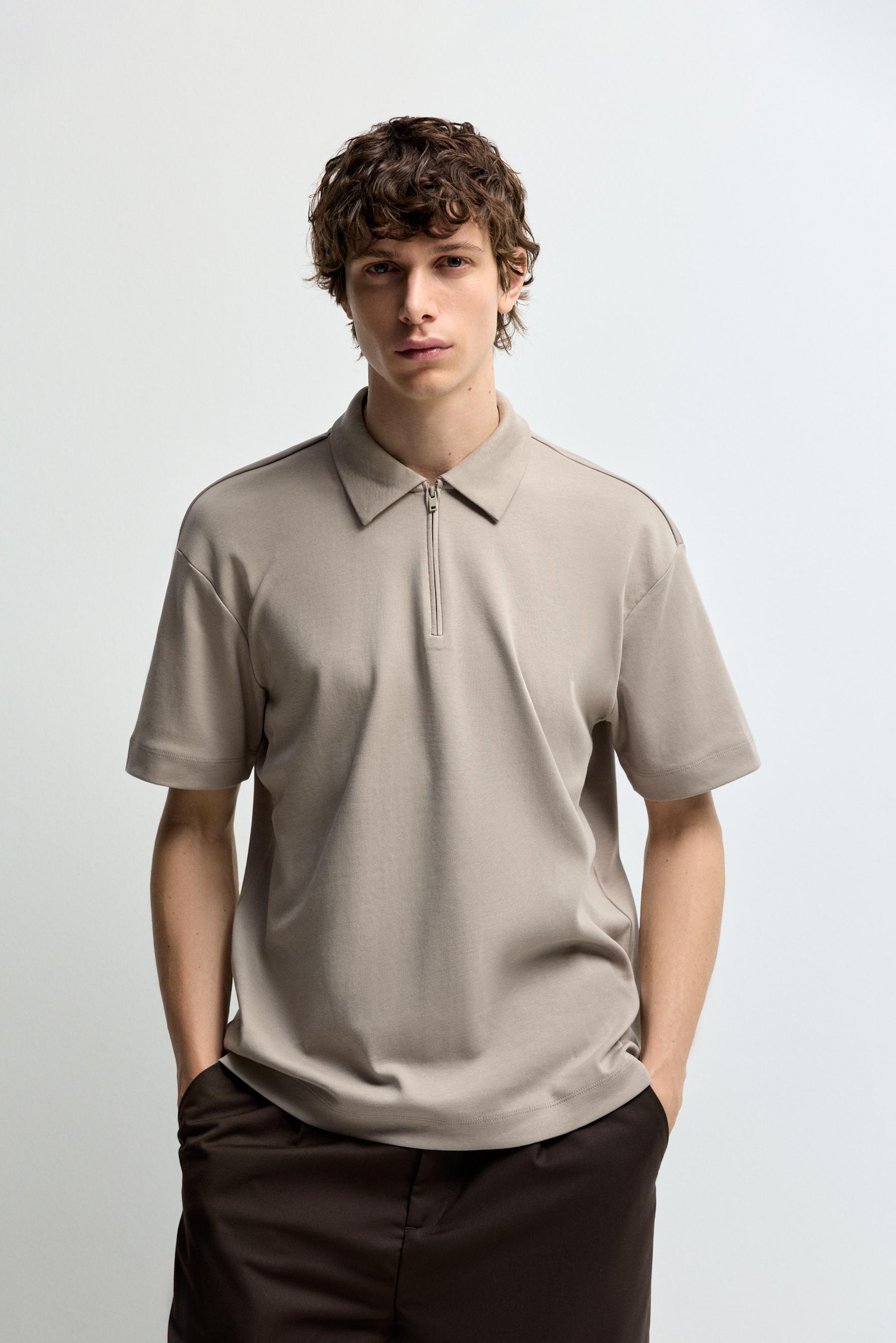 Interlock zip-up polo shirt — CAMEL