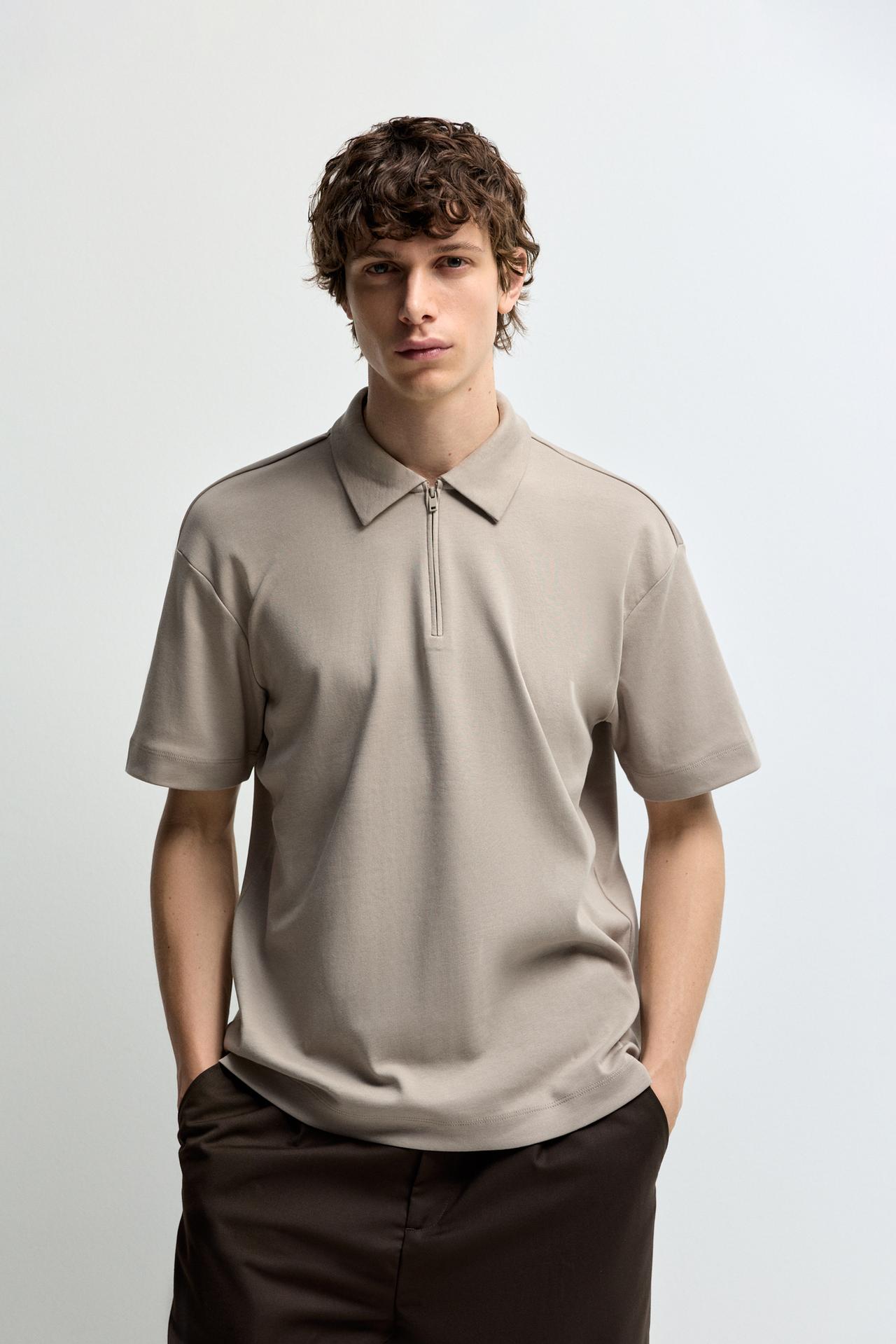Interlock zip-up polo shirt — CAMEL