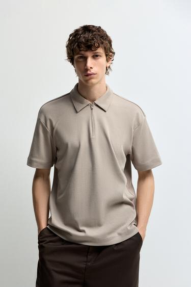 Interlock zip-up polo shirt — CAMEL 1