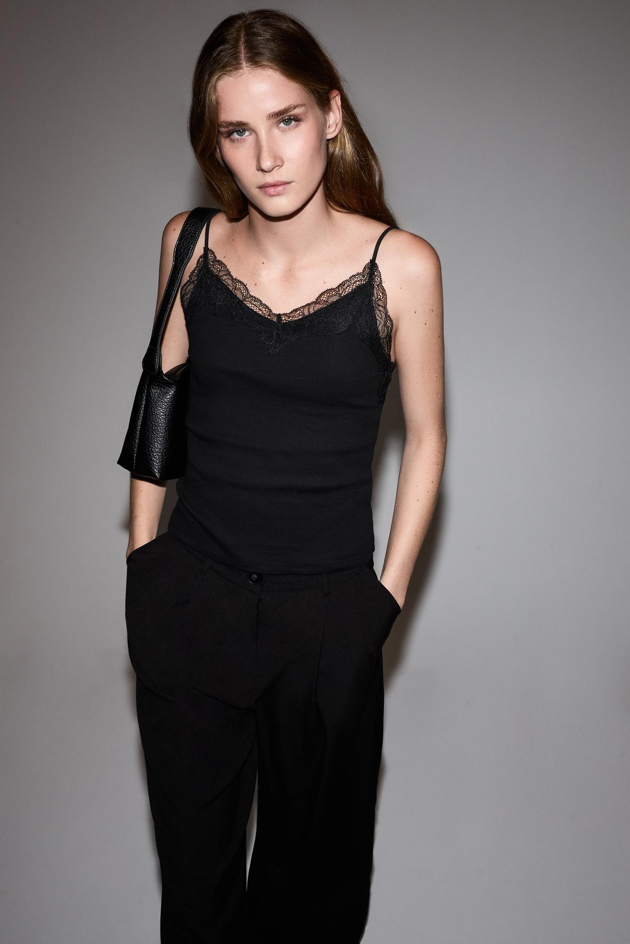 Ribbed lace camisole — BLACK