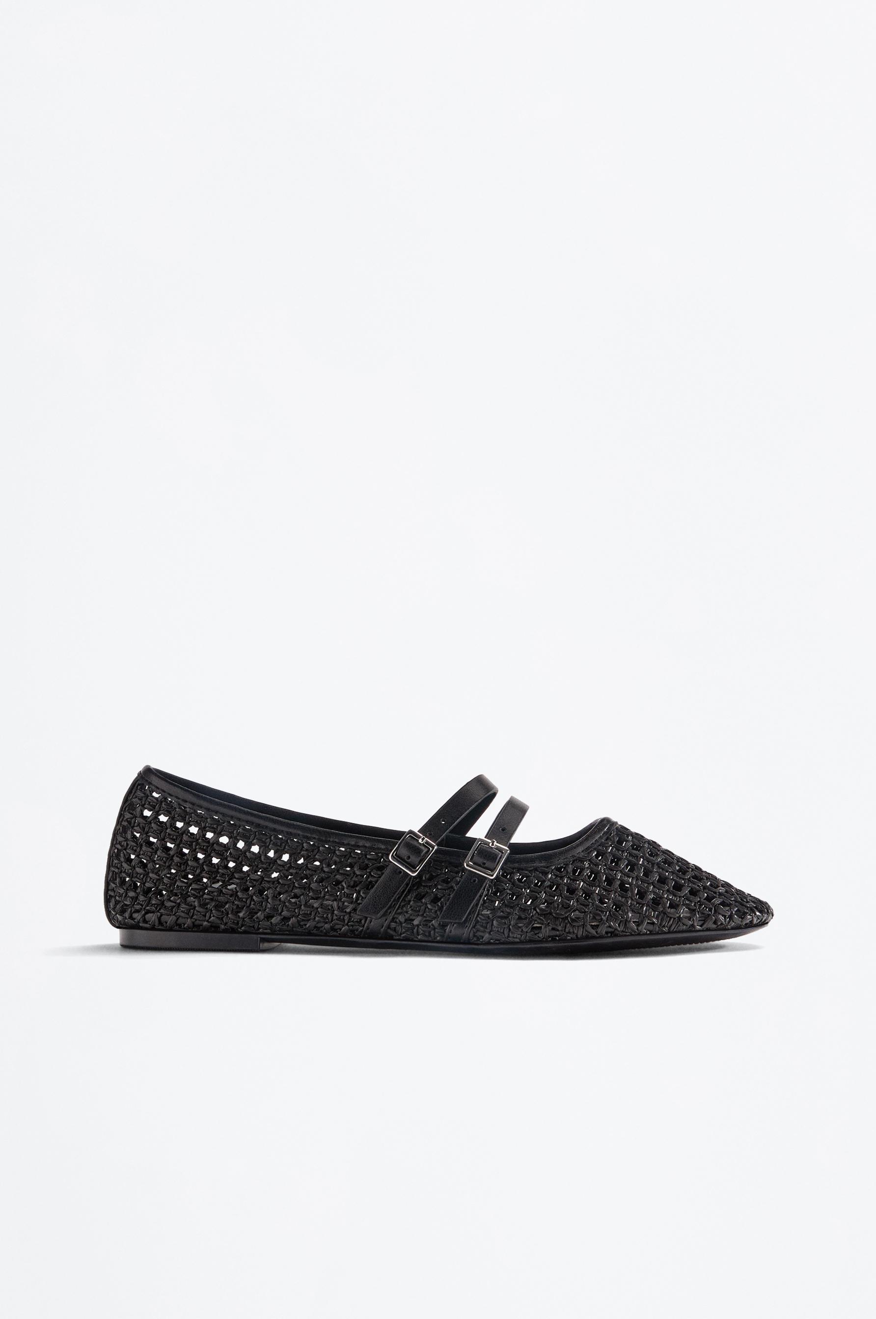 Double strap raffia effect ballet flats — BLACK