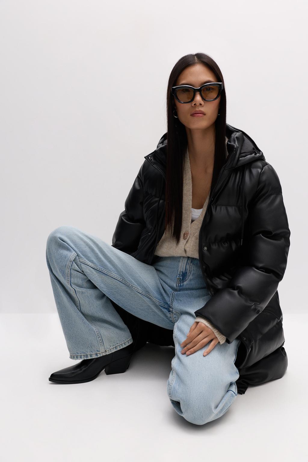 Leather-effect padded long coat