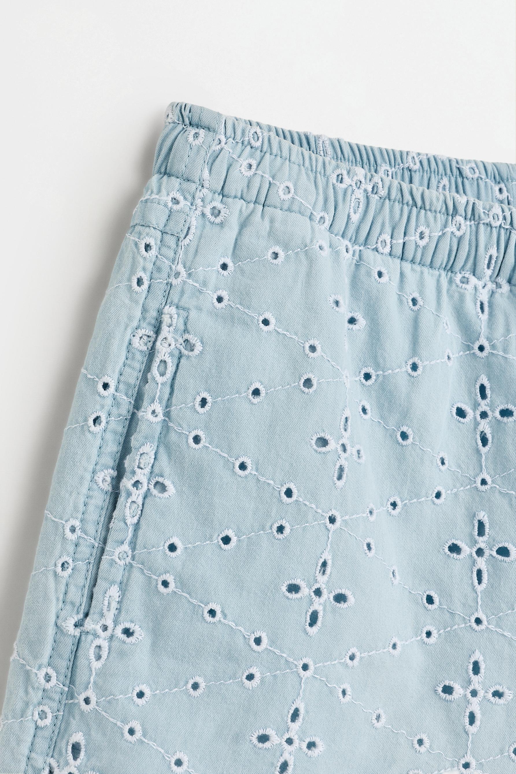 Lightweight Swiss embroidery denim shorts — PALE BLUE