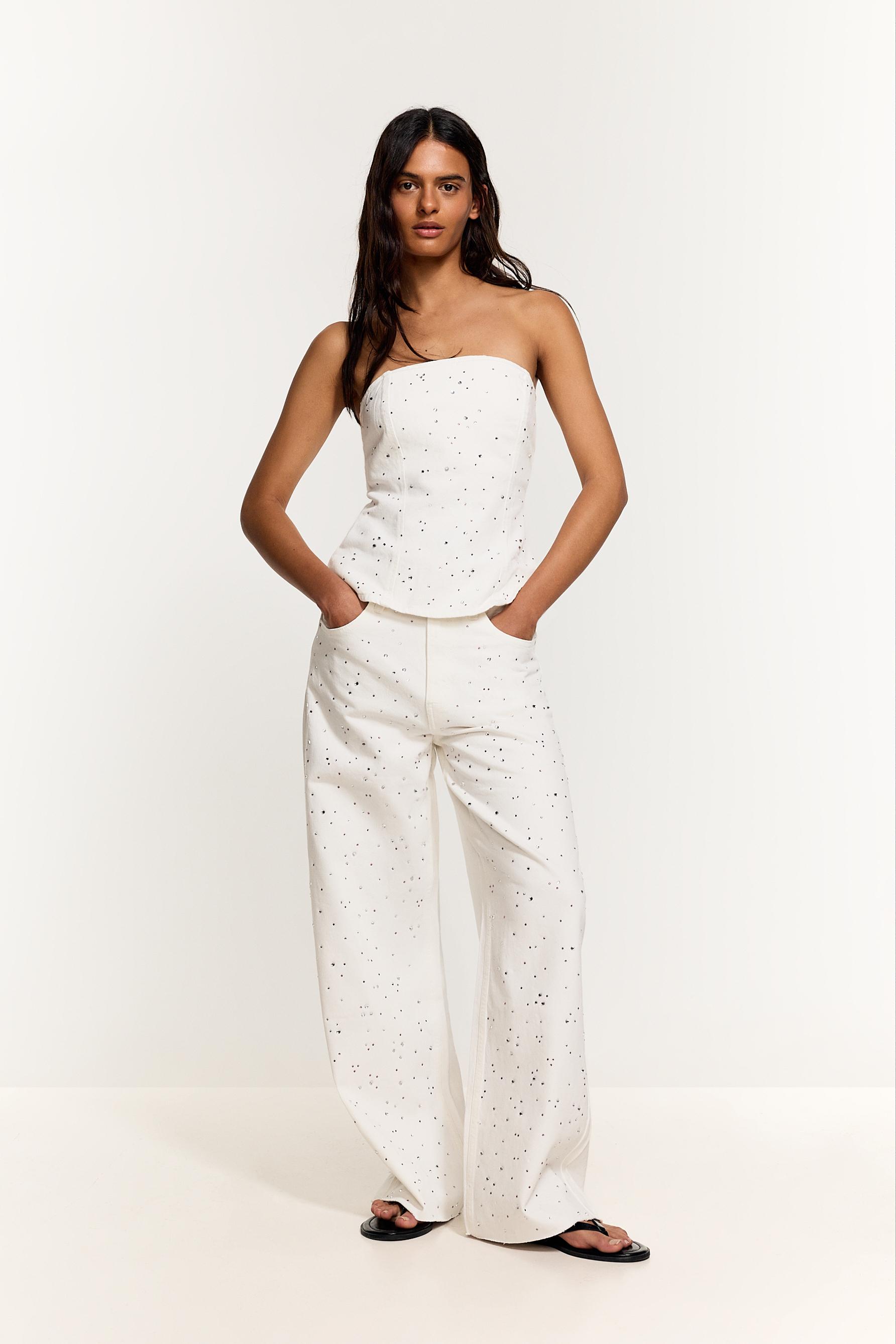 Denim bandeau top with rhinestones — WHITE