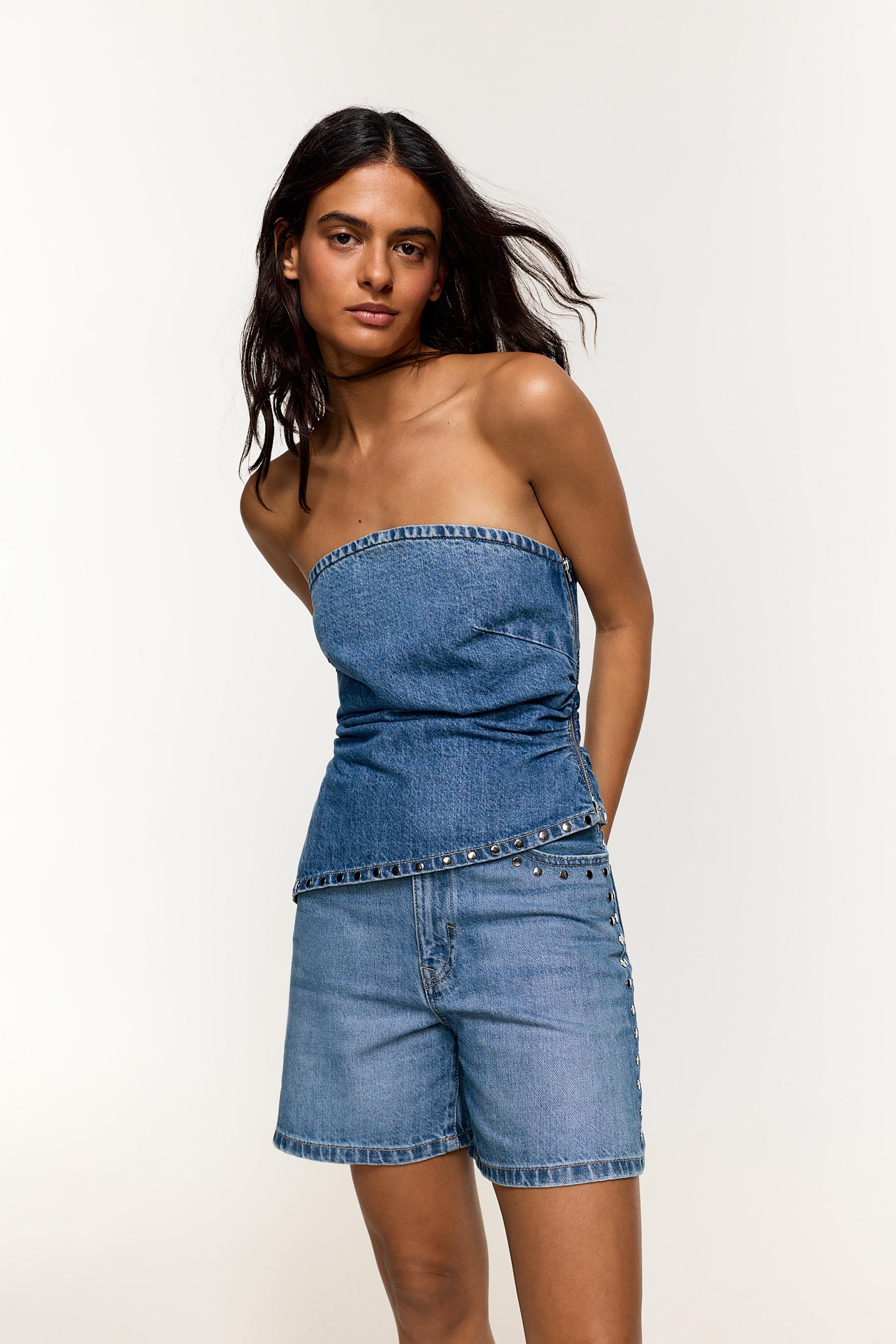 Studded denim Bermuda shorts — PALE INDIGO