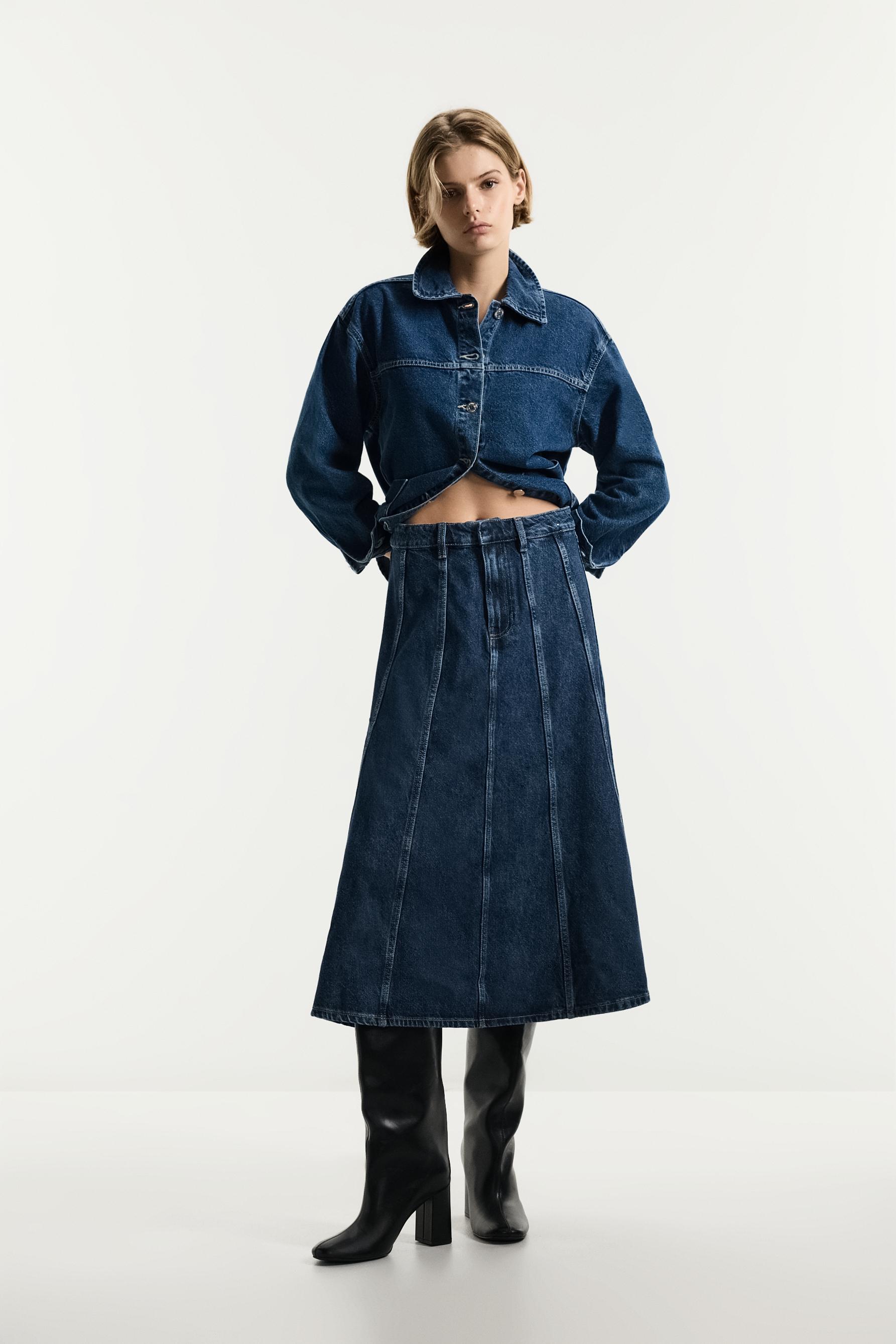 Godet denim midi skirt — BLUE MARL