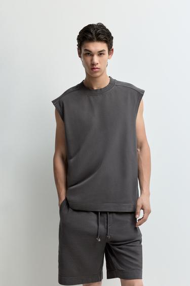 Washed-effect sleeveless sweatshirt — BLACK 1