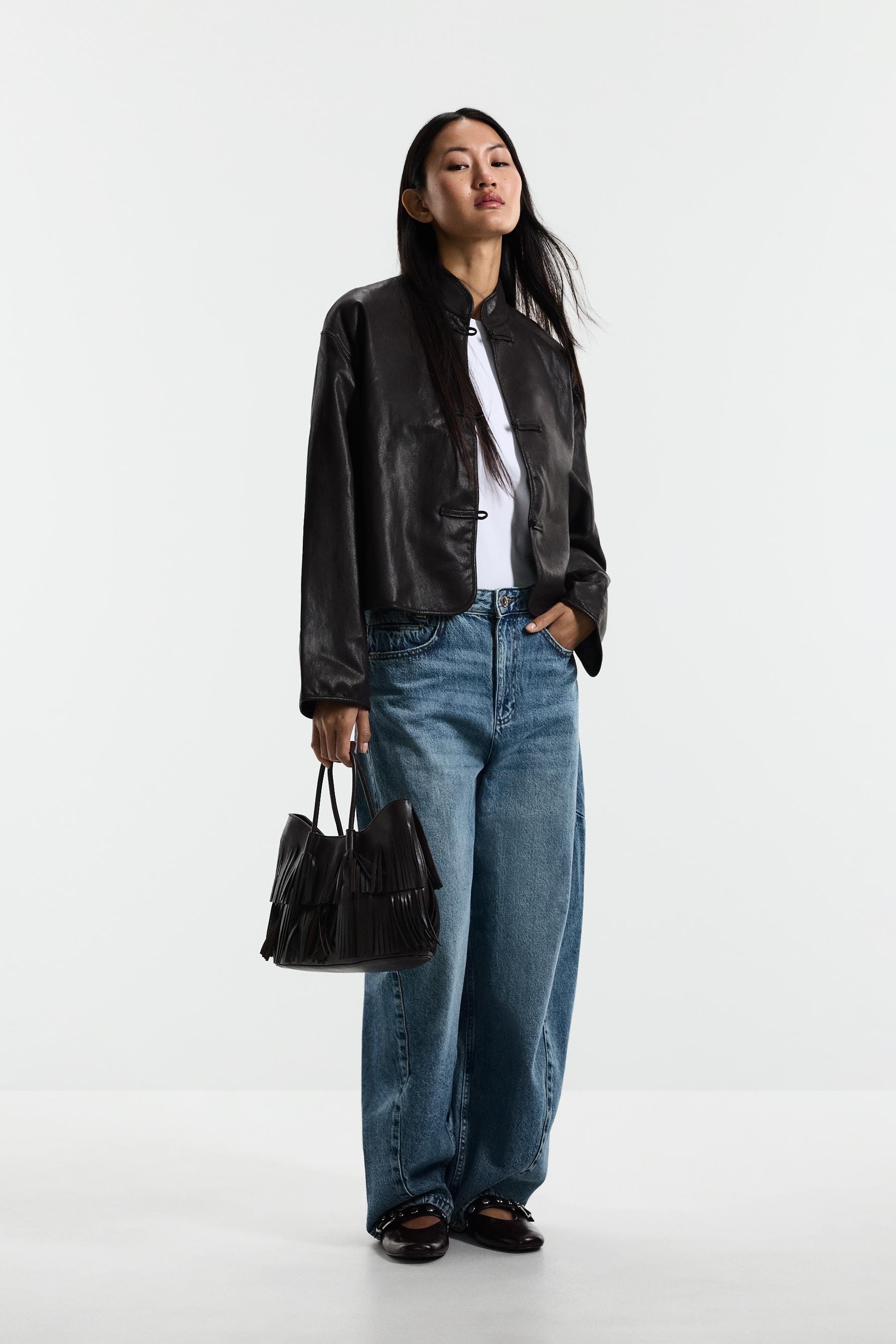 Leather effect short jacket — DARK BROWN