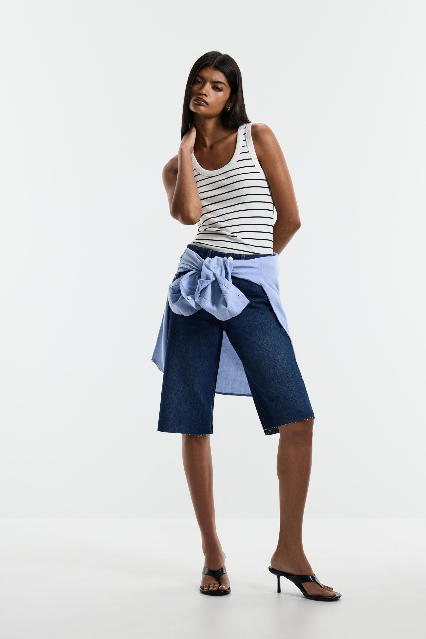 Slim fit wide-leg denim Bermuda shorts — DARK INDIGO