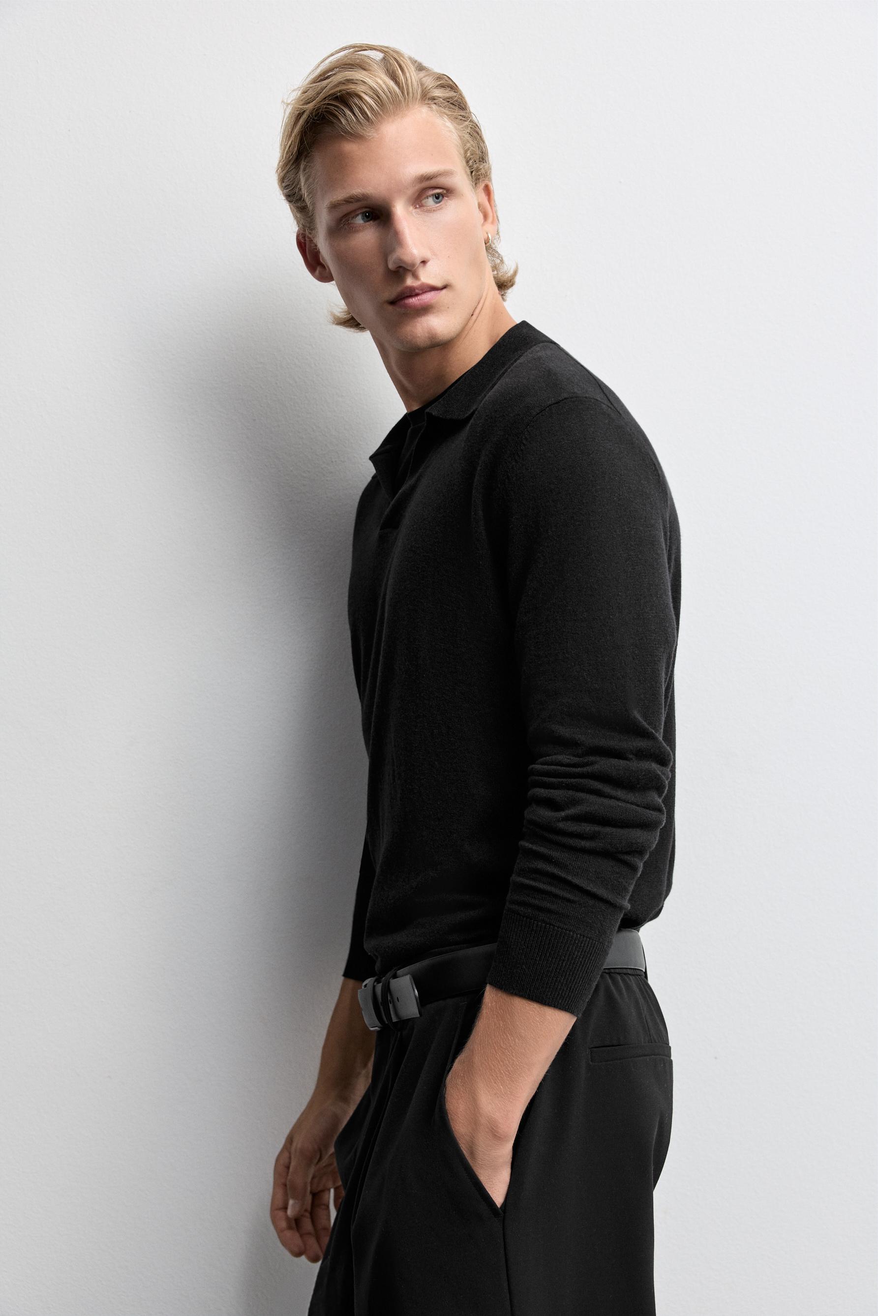 Long sleeve knit polo shirt — BLACK
