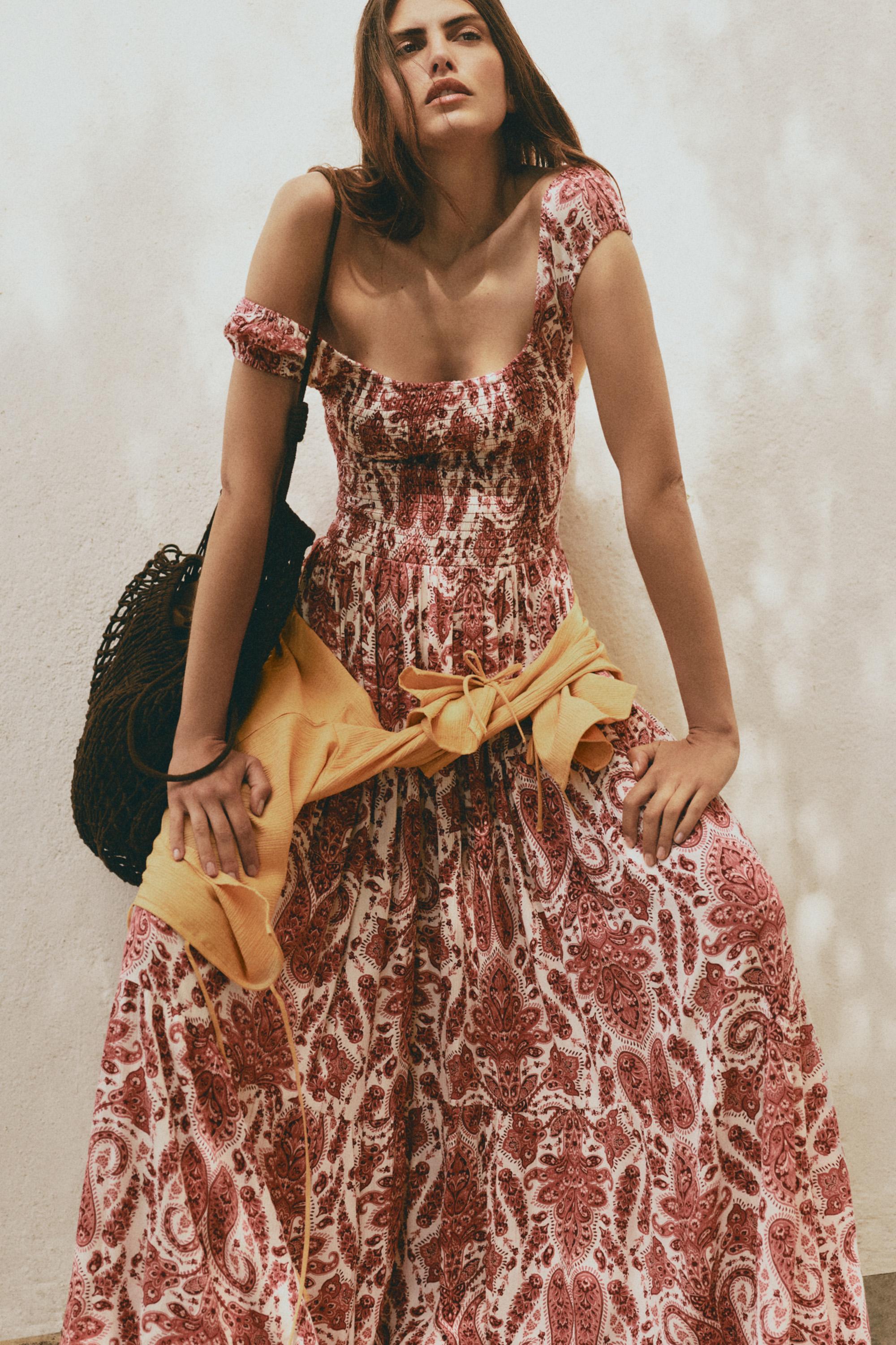 Smocked midi dress — BURGUNDY/ECRU