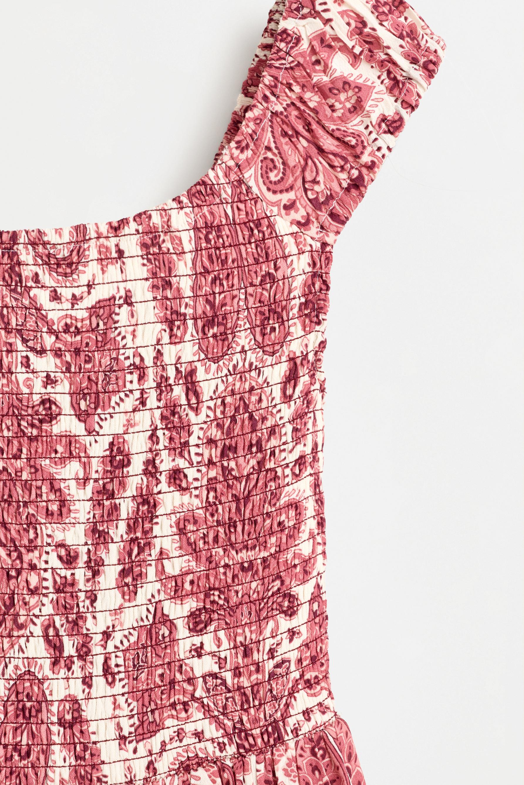 Smocked midi dress — BURGUNDY/ECRU
