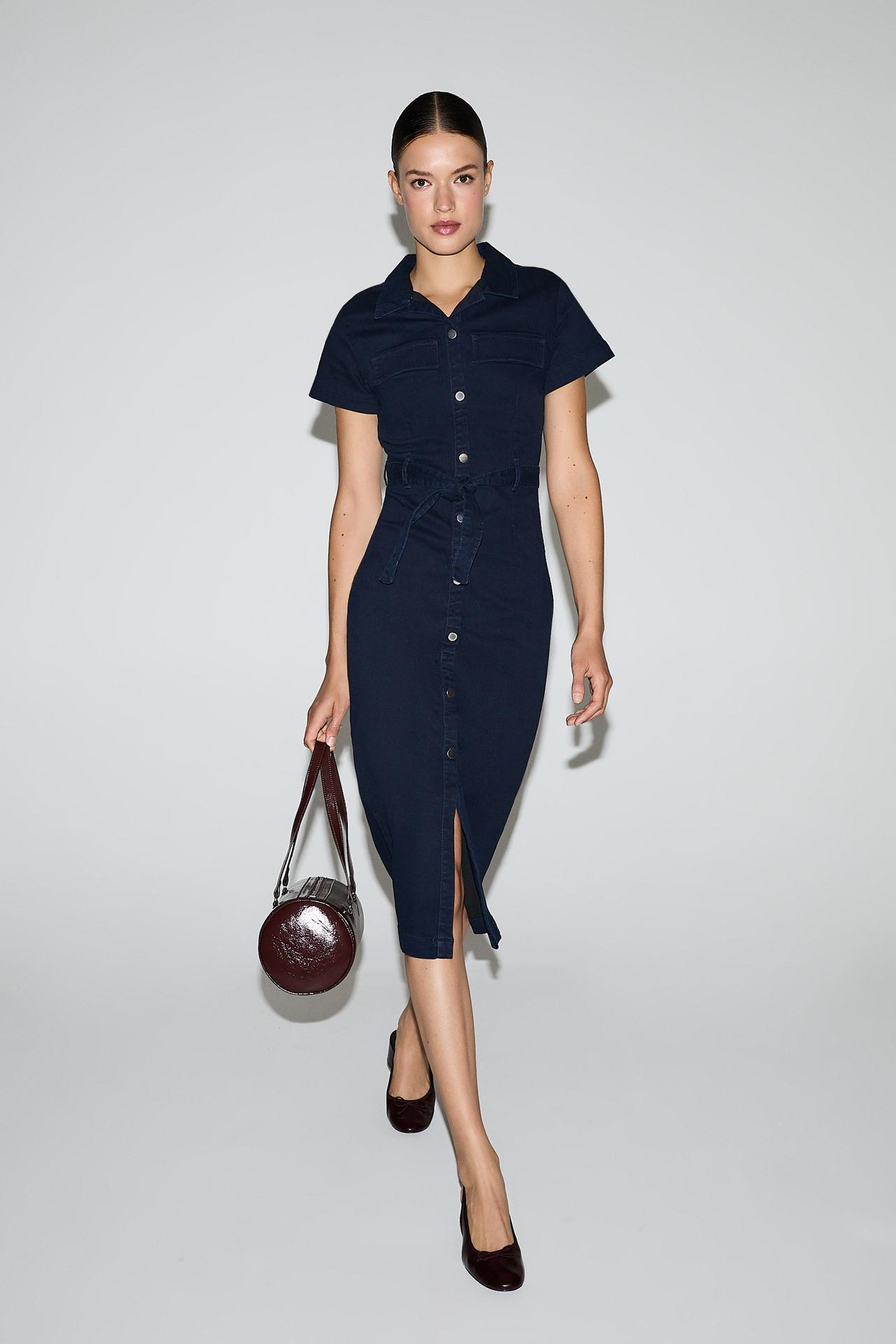 Fitted denim button-front dress — BLUE