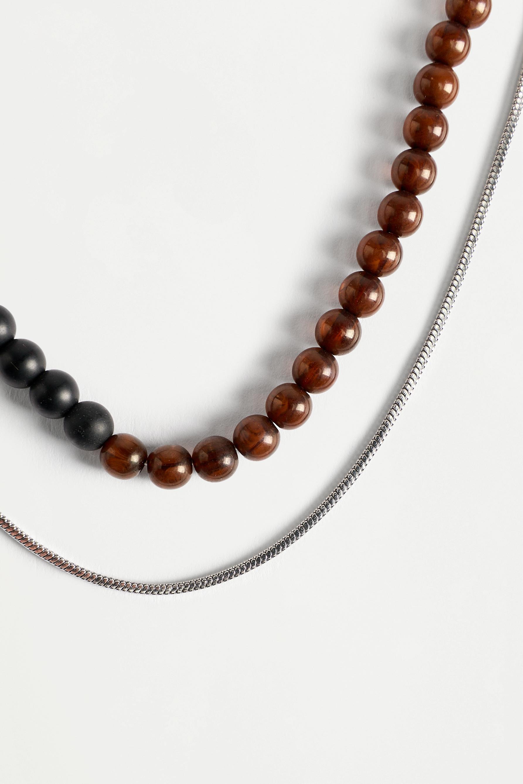 Beaded necklace and chain set — DARK BROWN