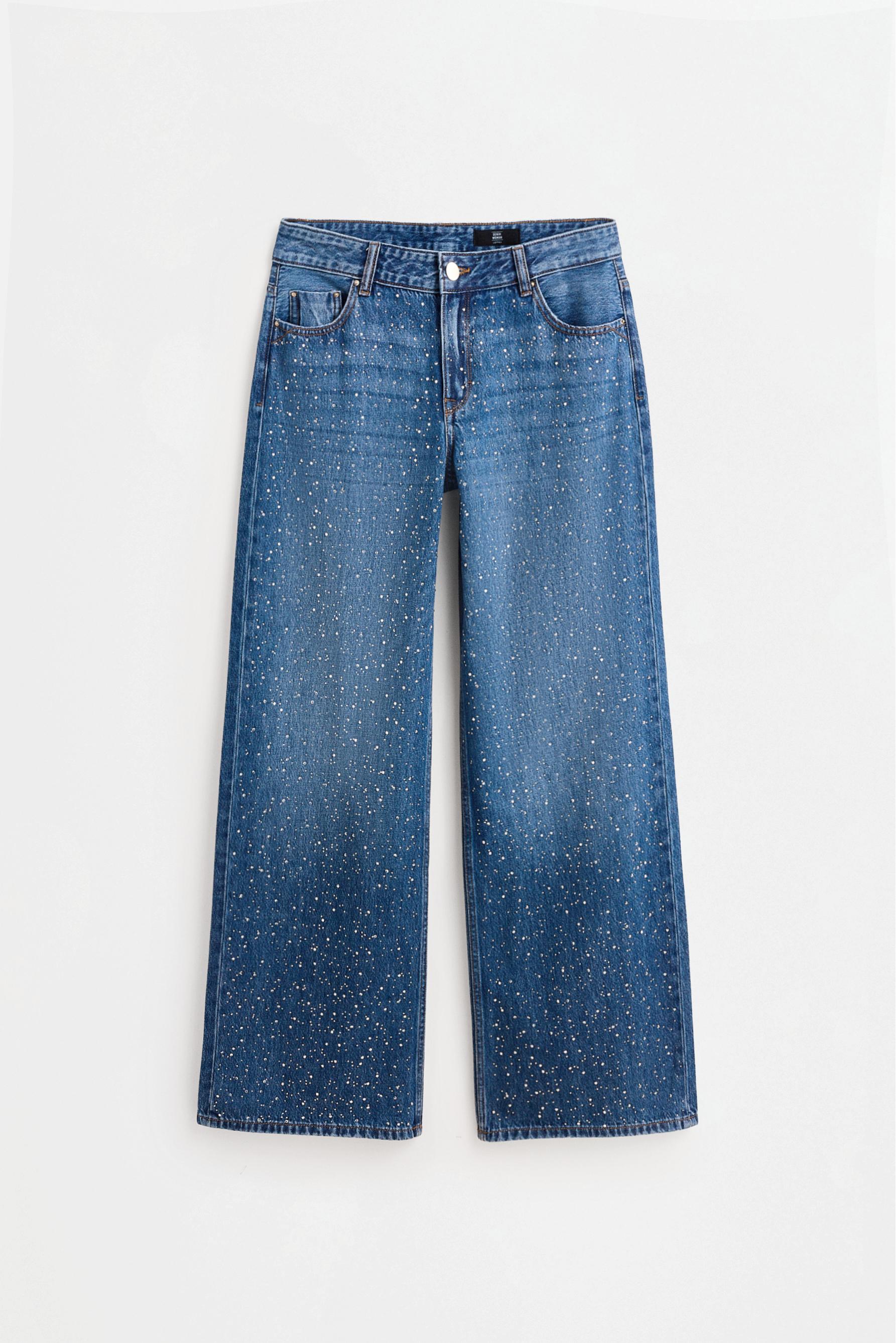 Wide-leg rhinestone jeans — FADED INDIGO