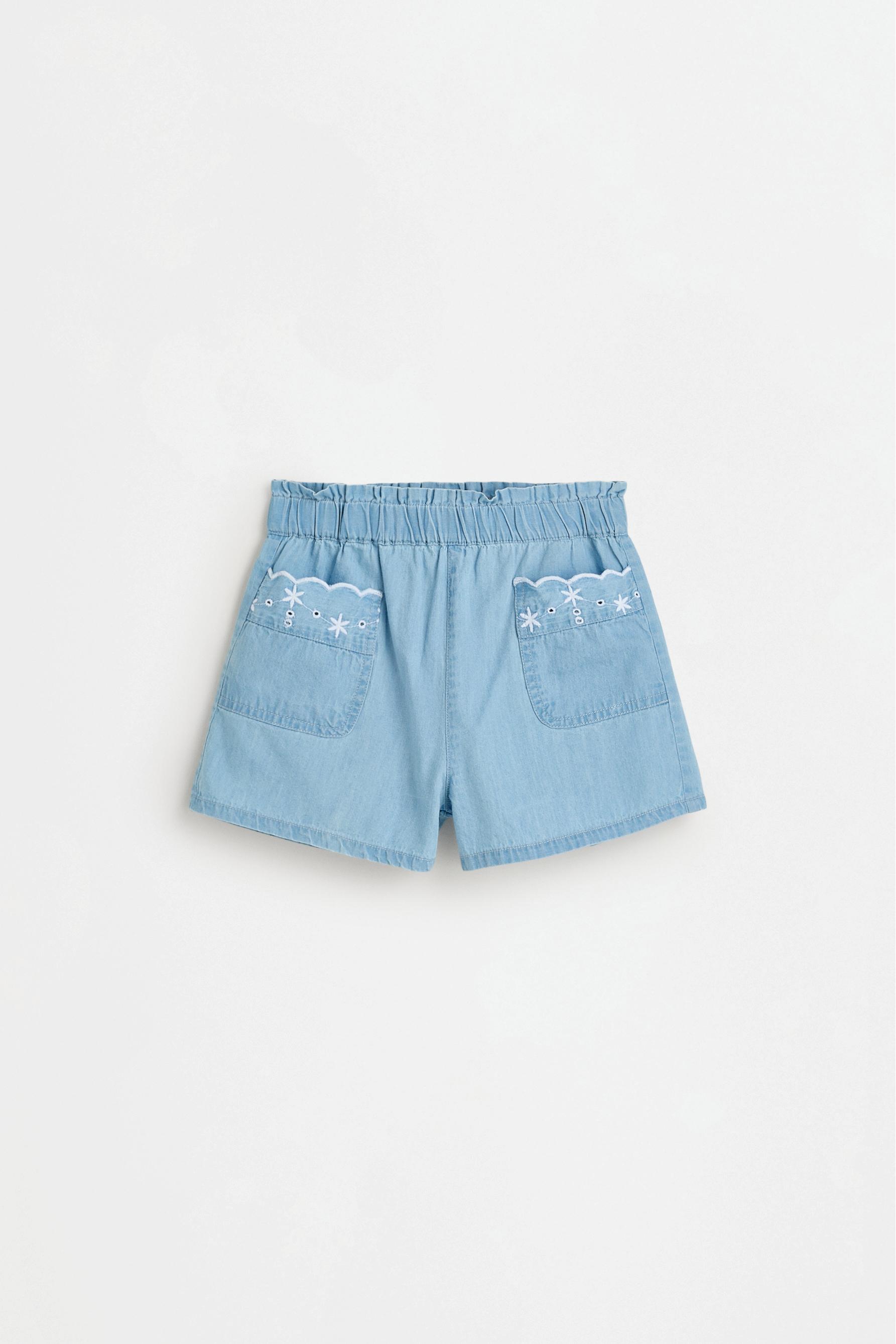 Lightweight swiss embroidery denim shorts — PALE BLUE