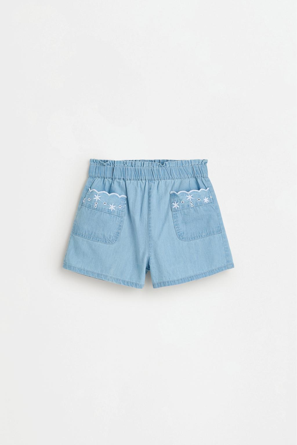 Lightweight swiss embroidery denim shorts