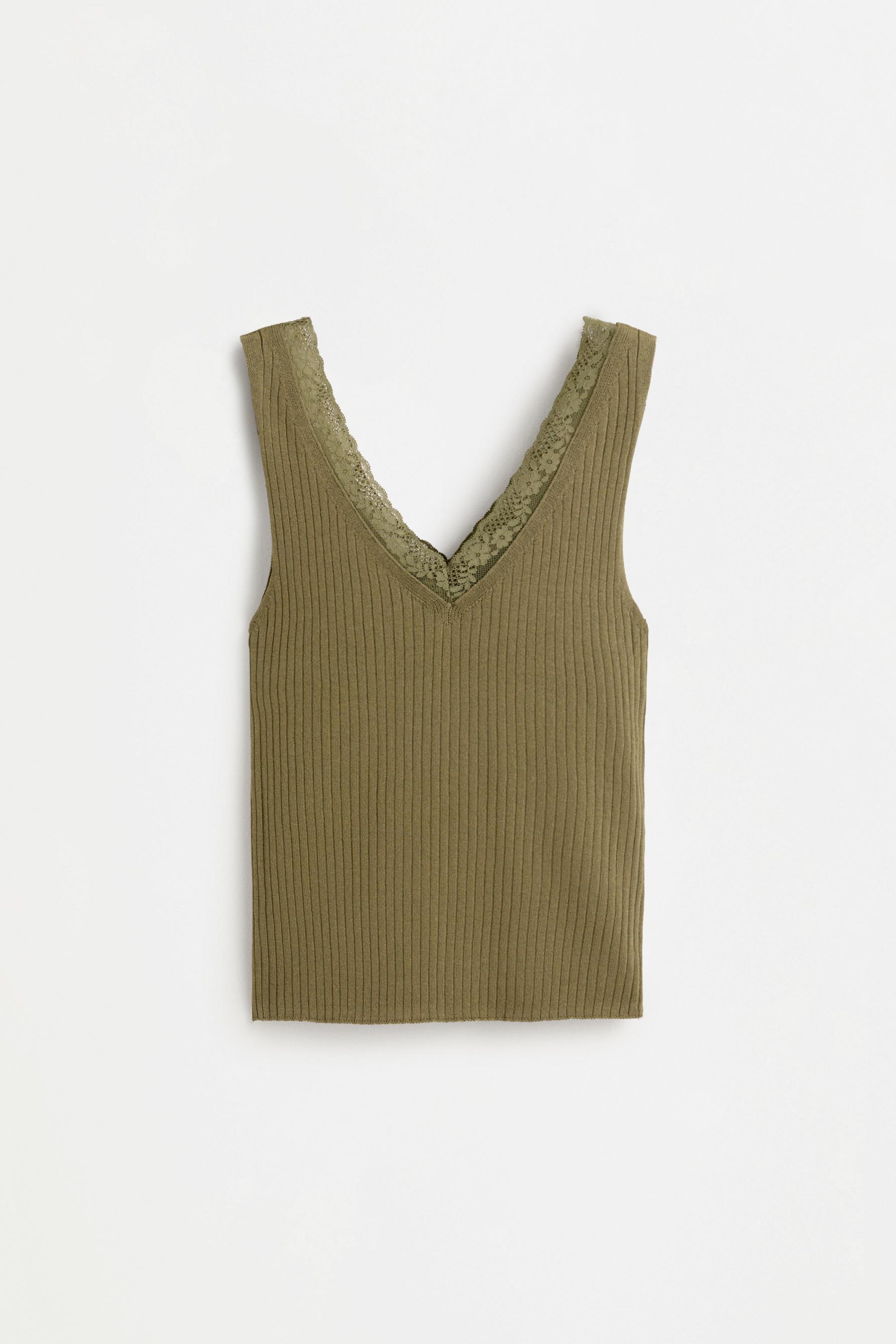 Ribbed lace knit top — KHAKI
