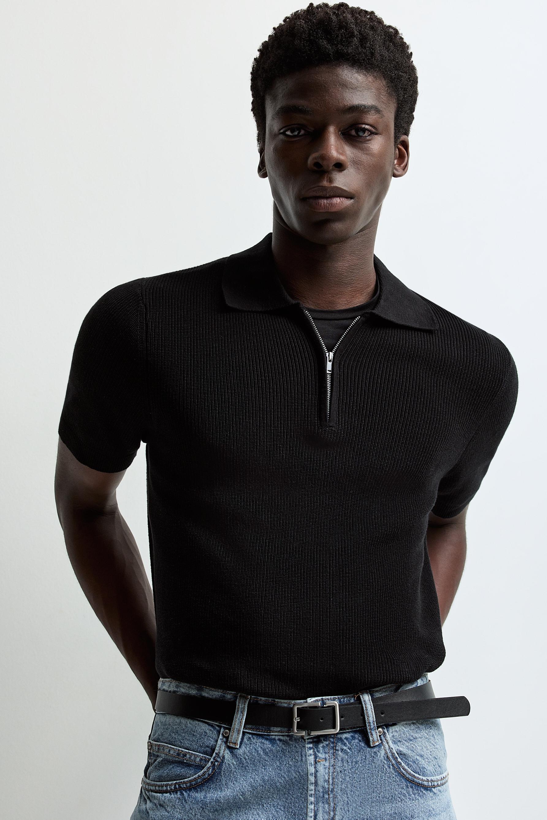 Zip-up knit polo — BLACK