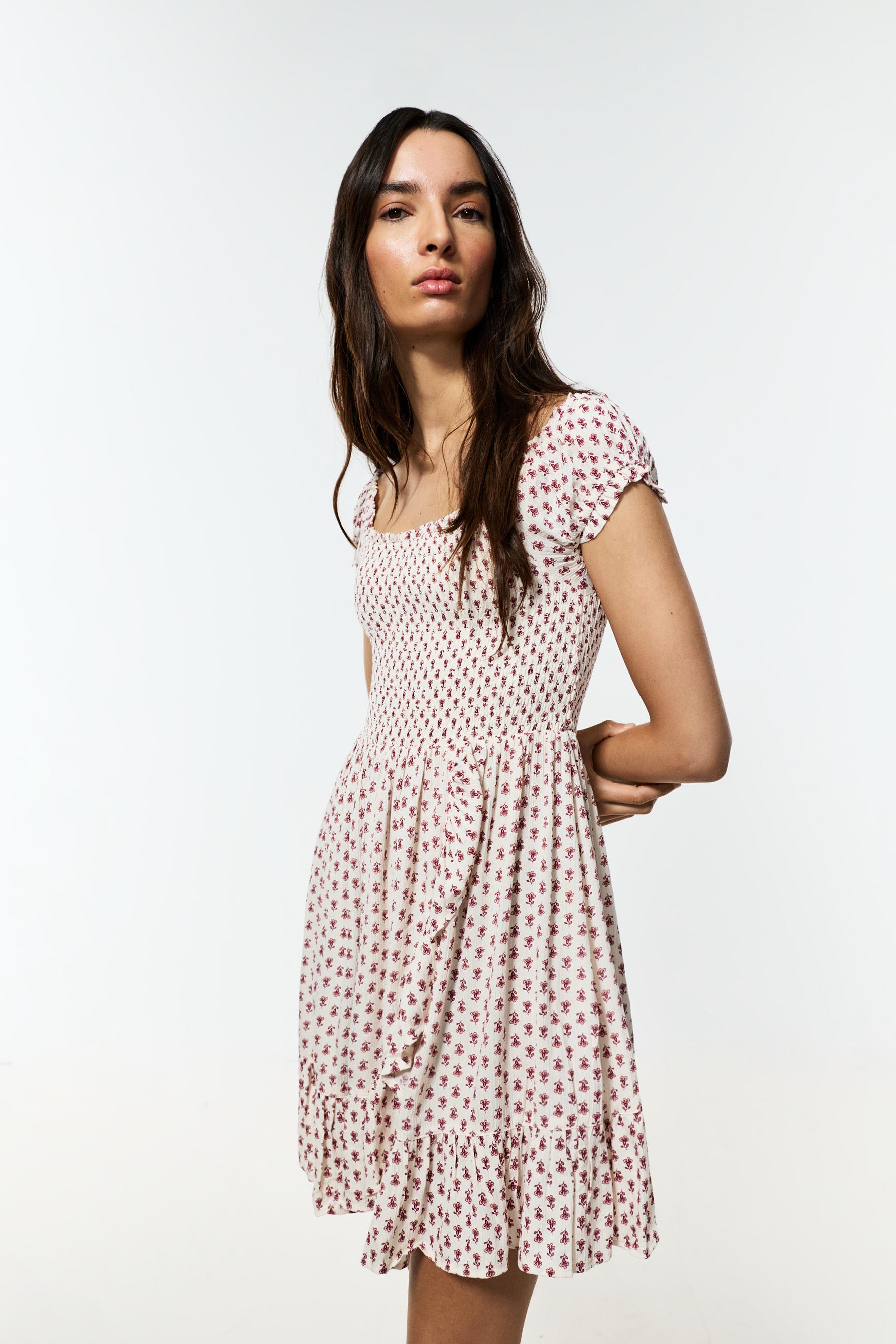 Smocked short dress — ECRU/MAROON