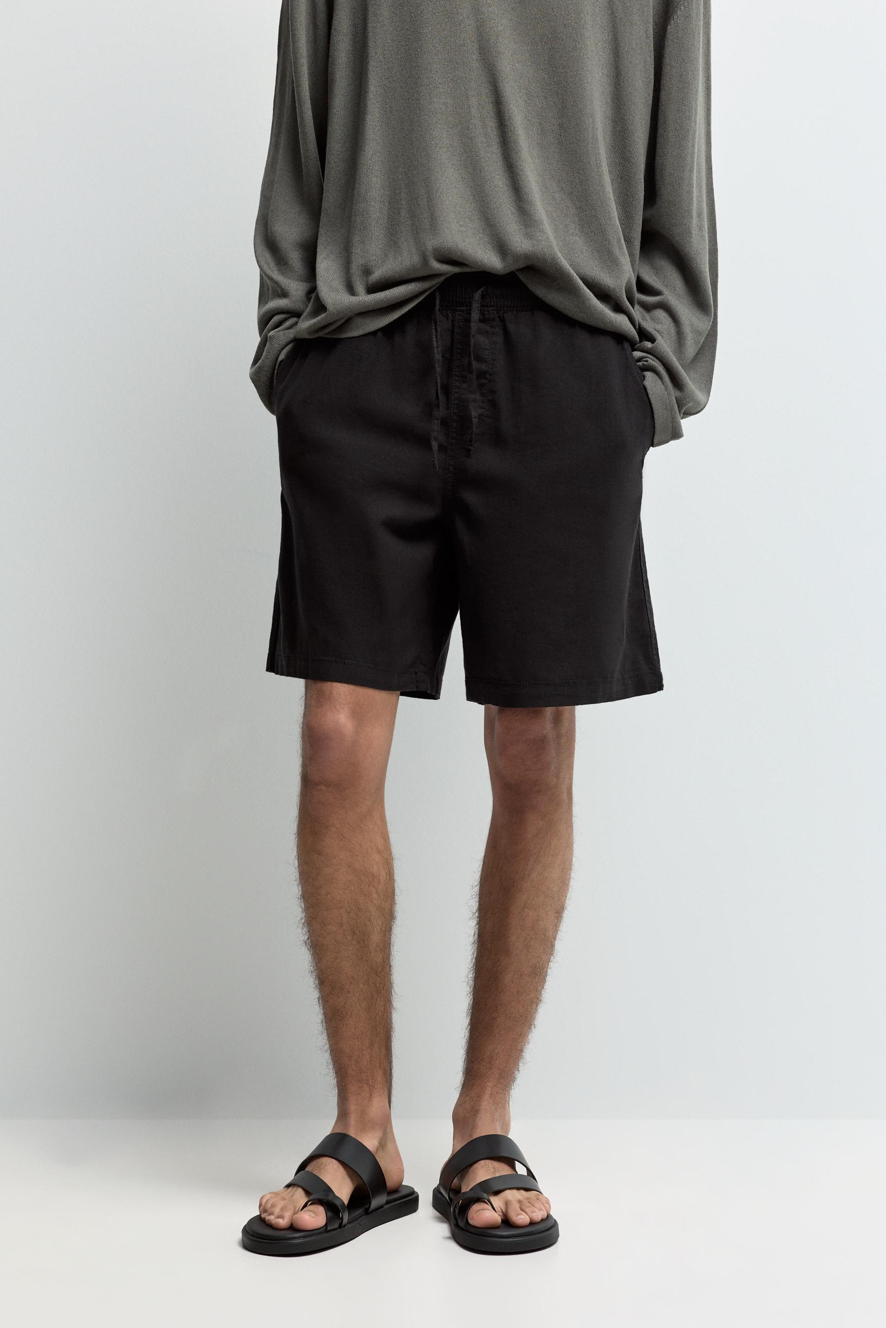 Linen-cotton jogger Bermuda shorts — BLACK