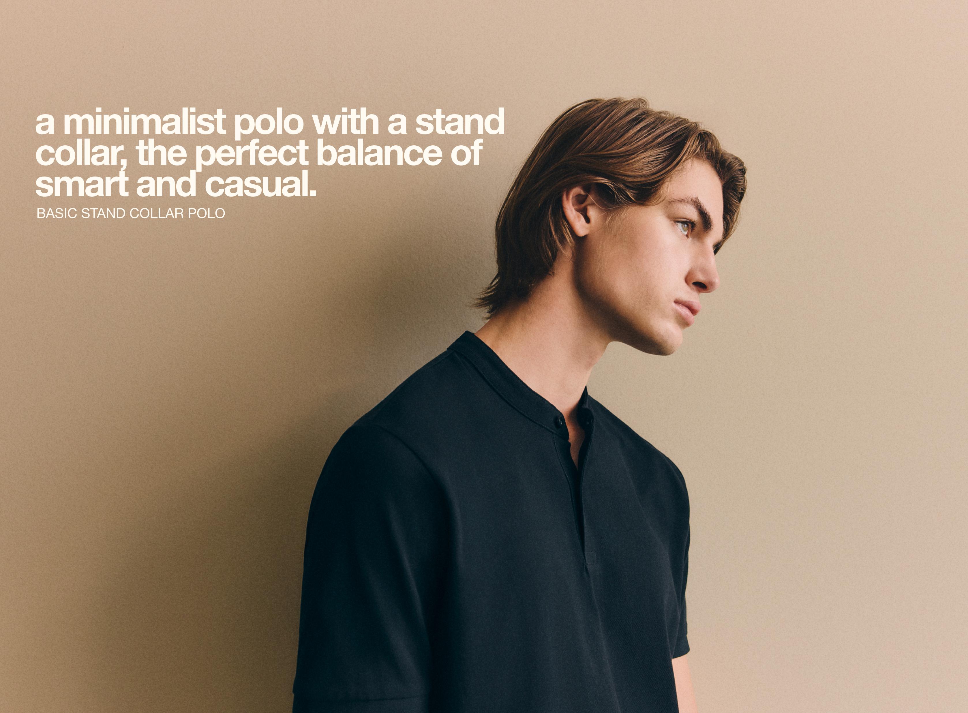 Basic stand collar polo shirt — BLACK