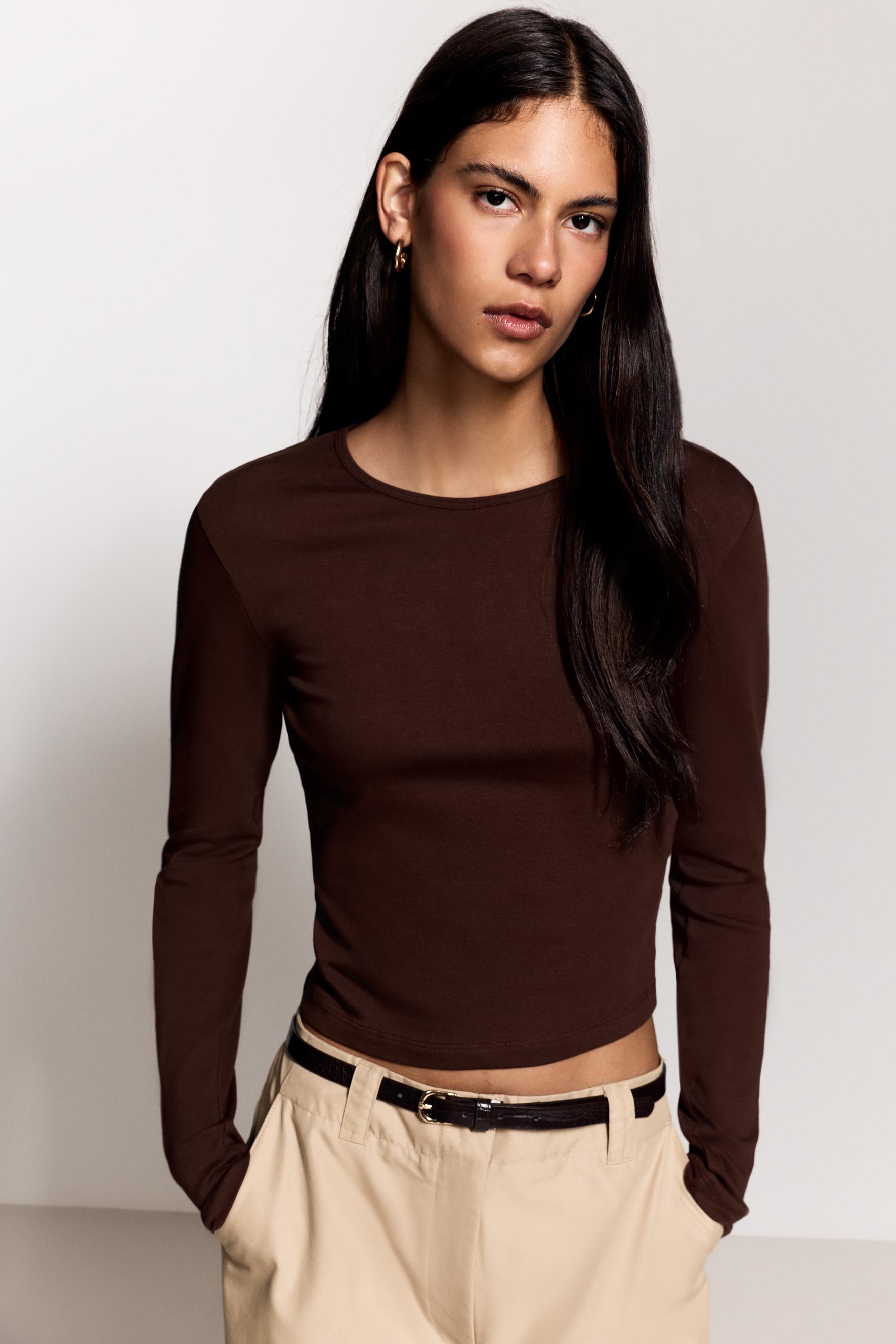 Ribbed long sleeve T-shirt — BROWN