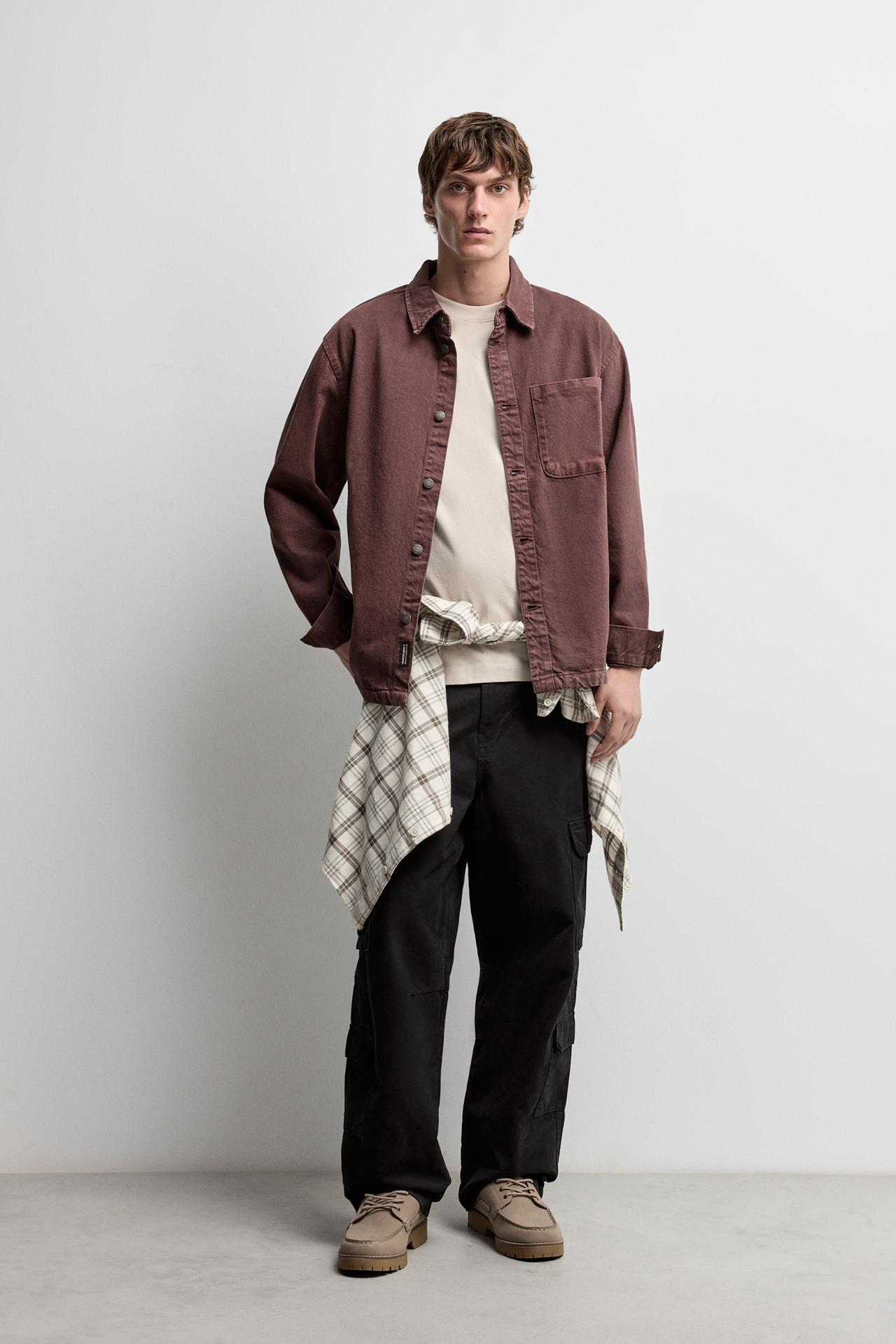 Denim overshirt with pocket — BURGUNDY