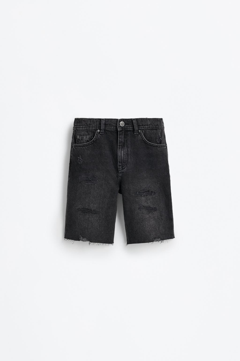 Relaxed fit denim Bermuda shorts with rips