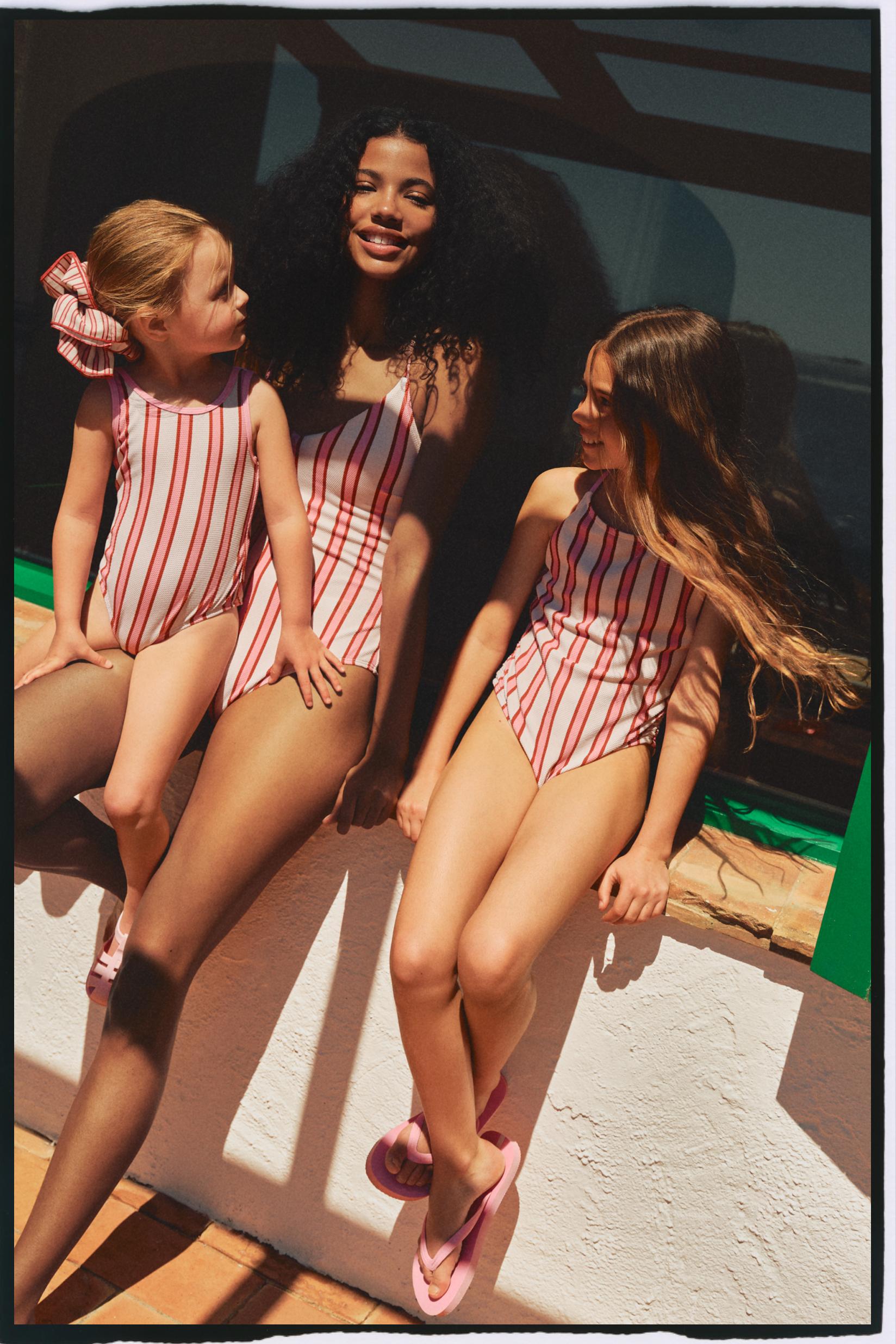 Girl's Pink Striped Swimsuit — PINKISH WHITE