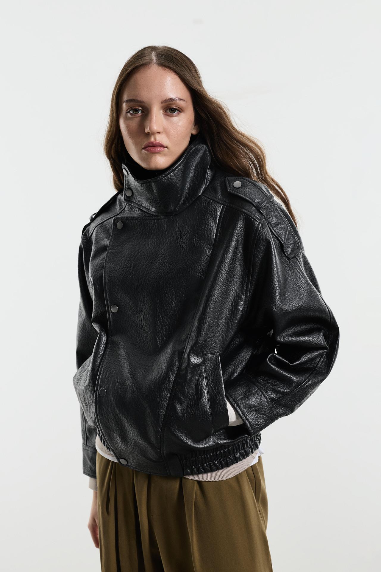 Oversize leather effect bomber jacket — BLACK