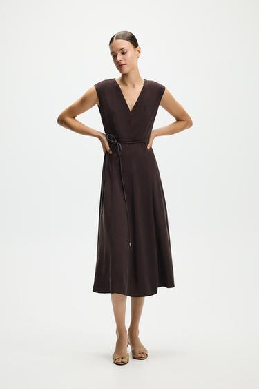 Midi dress with belt — BROWN 1
