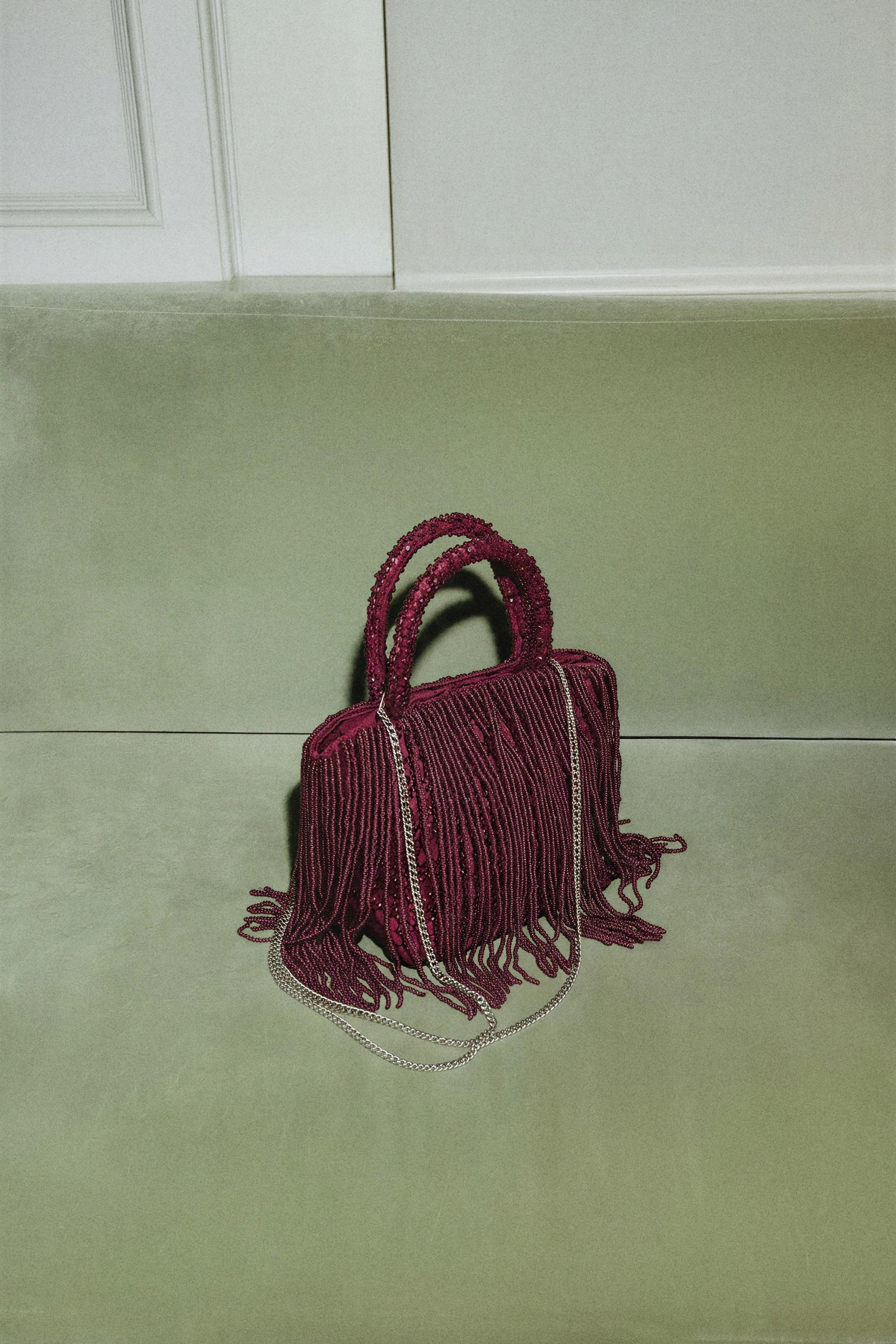 Mini shopper bag with beads and fringe — BURGUNDY