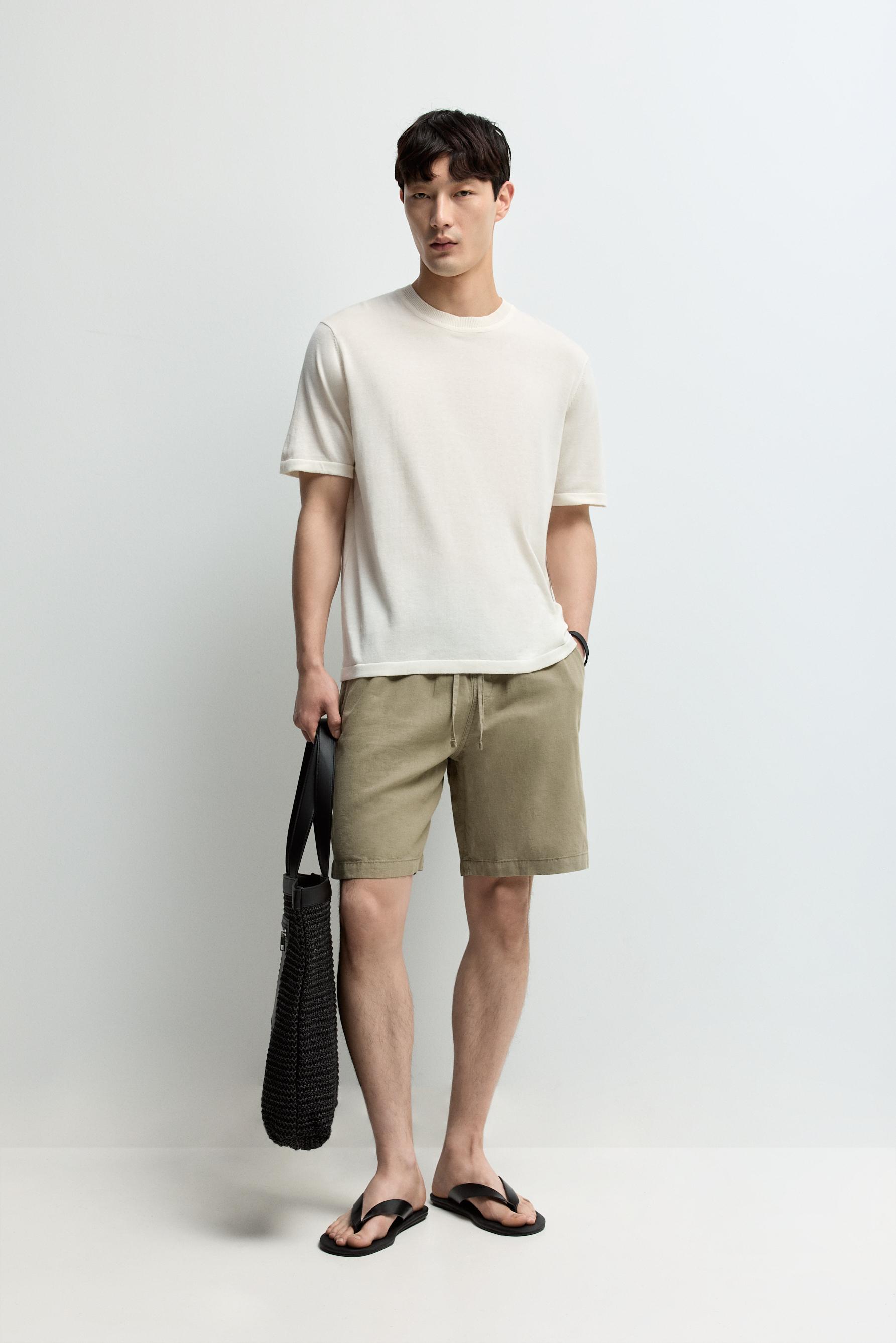 Linen-cotton jogger Bermuda shorts — KHAKI