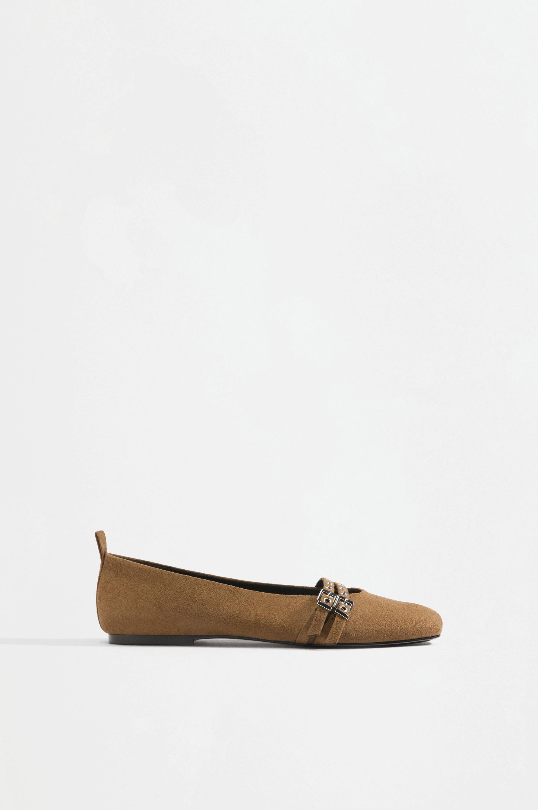 Faux suede double-buckle ballet flats — BROWN