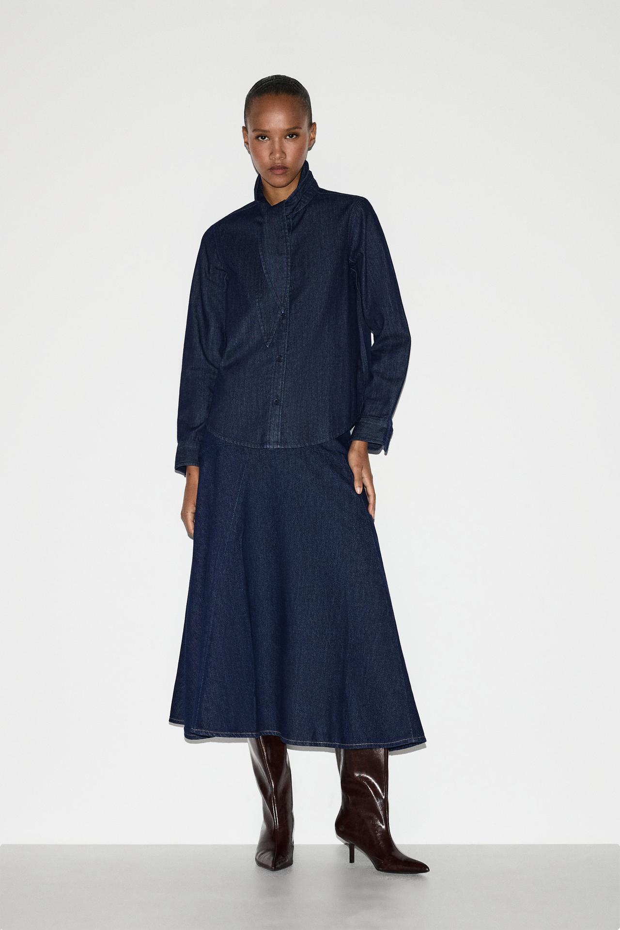 A-line midi denim skirt — NAVY