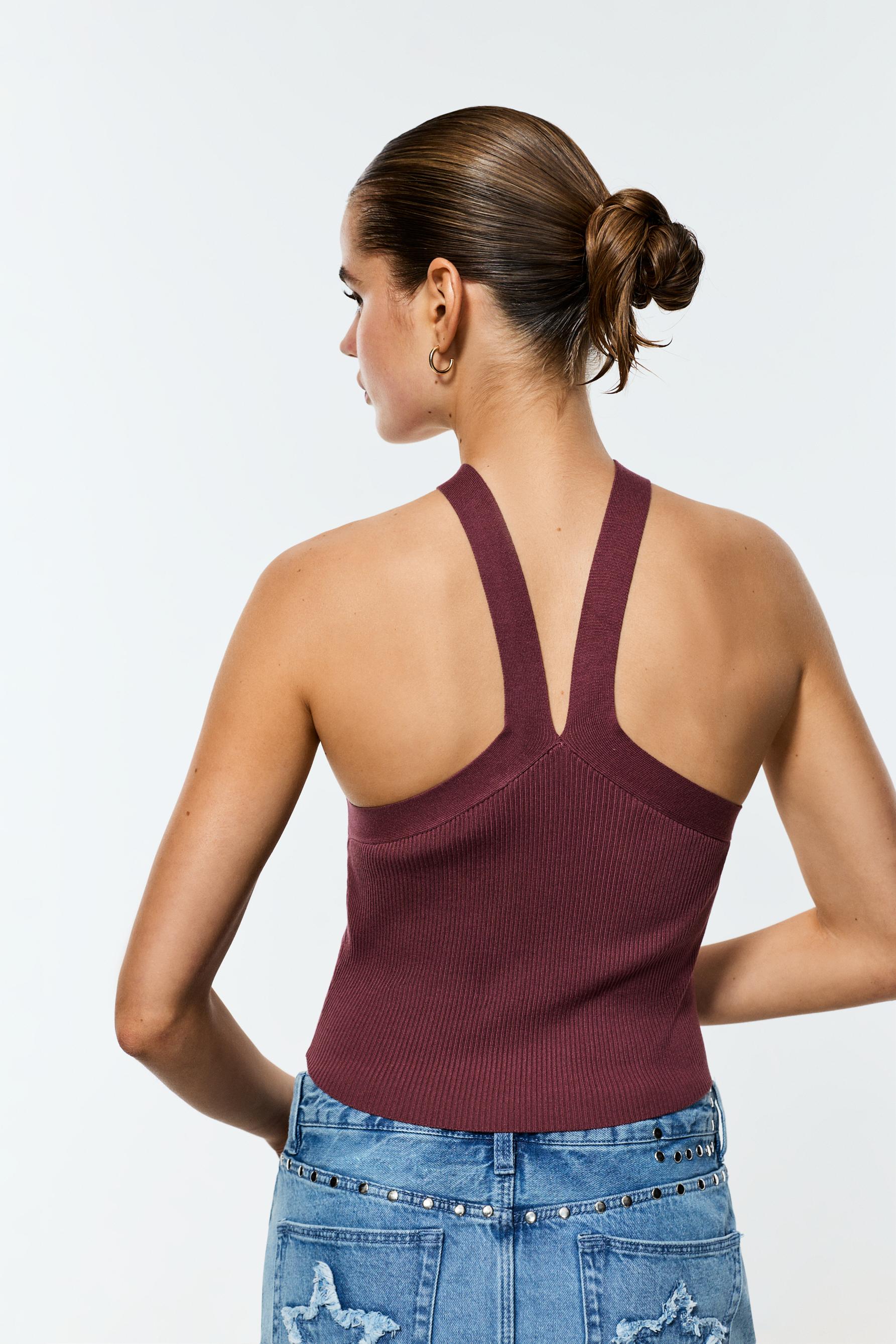 Criss-cross strap knit top — MAUVE PINK
