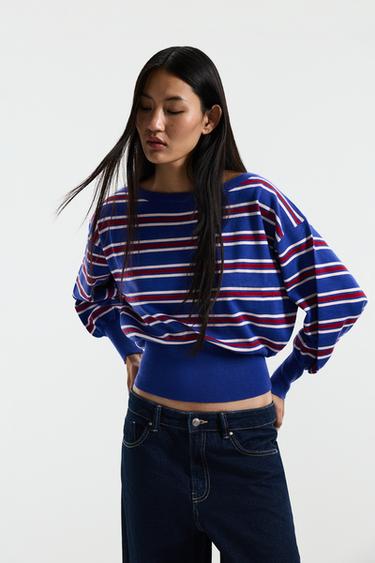 Off-the-shoulder knit sweater — RED/NAVY 1