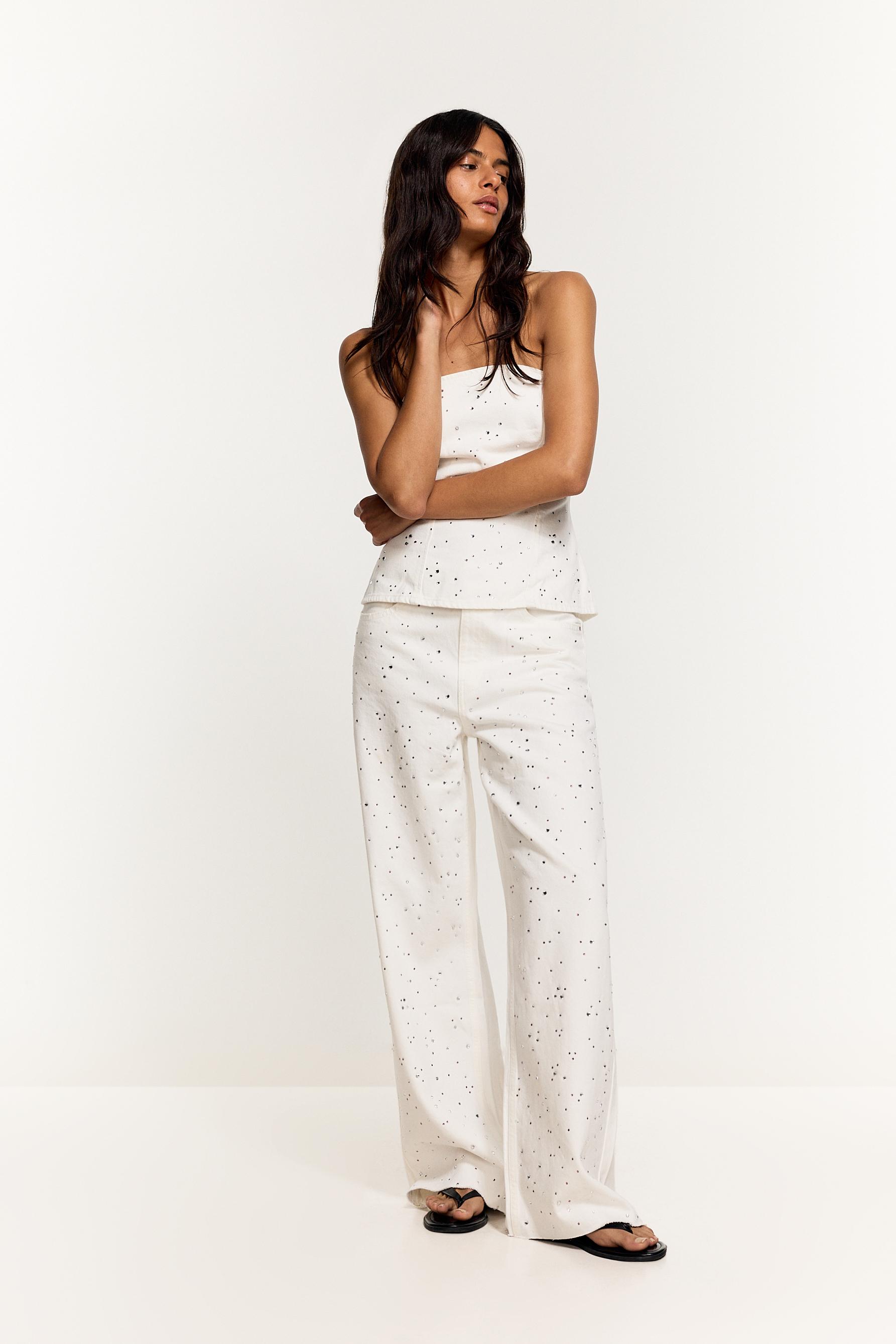 Wide-leg rhinestone jeans — WHITE